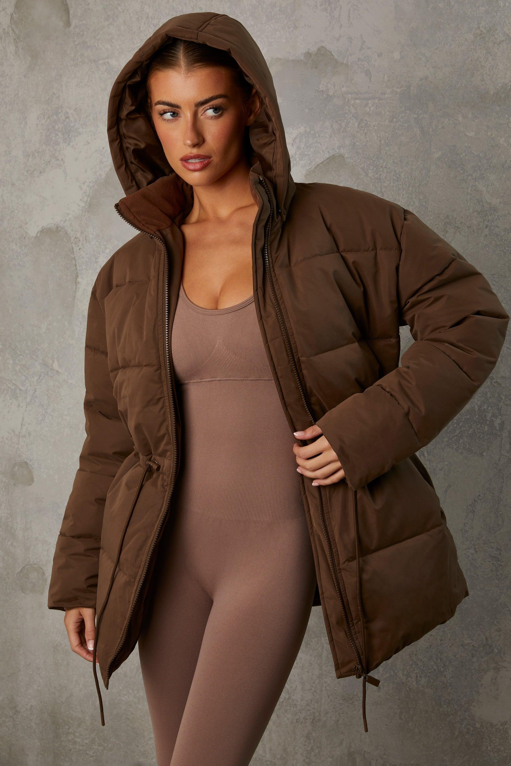 Mid Length Hooded Puffer Coat in Cocoa Brown Female Product Image