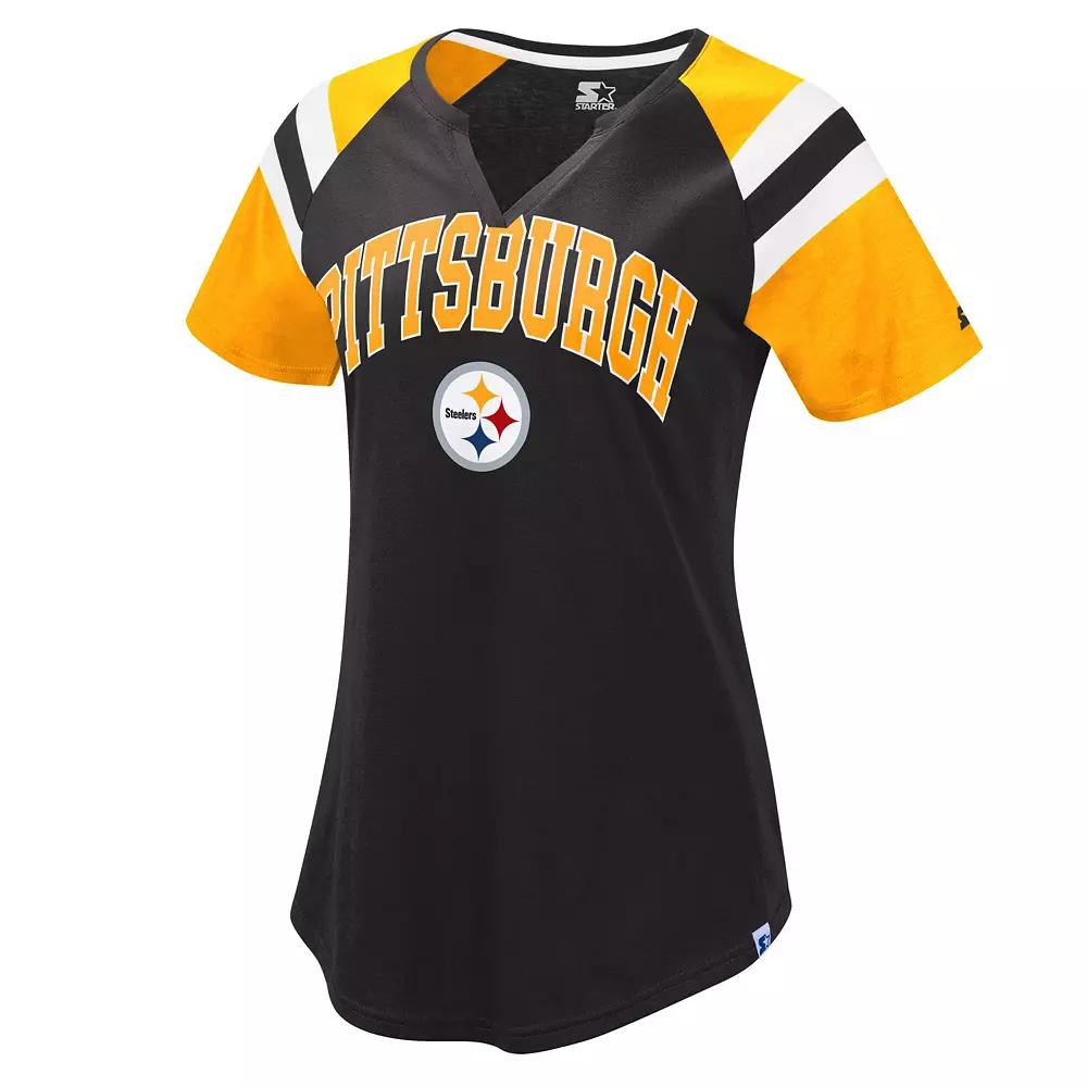 Women's Starter Black/Gold Pittsburgh Steelers Game On Notch Neck Raglan T-Shirt, Size: Large Product Image