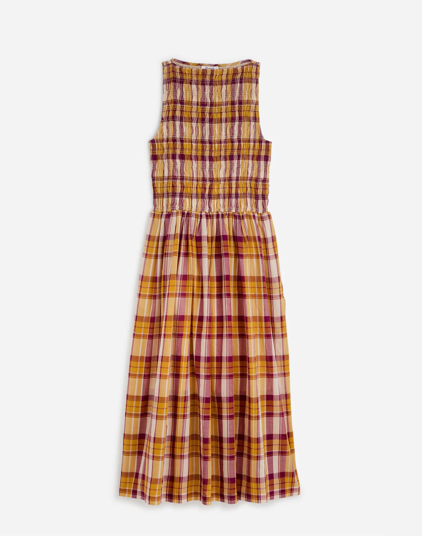 Smocked Boatneck Maxi Dress in Plaid Seersucker Product Image