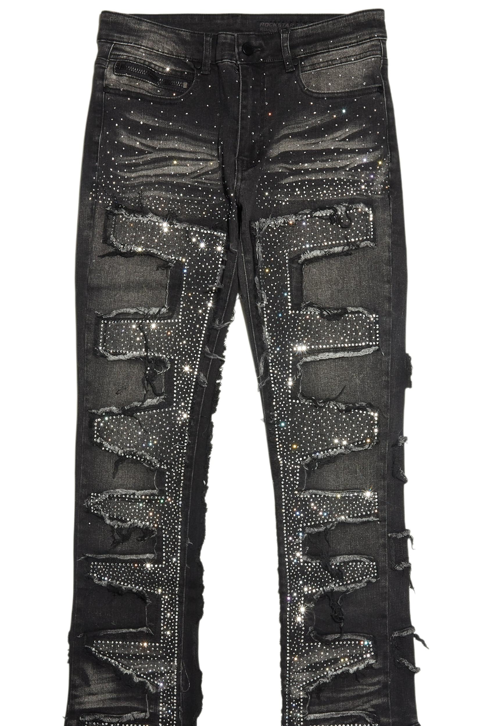 Shake Dark Grey Rhinestone Stacked Flare Jean Male Product Image