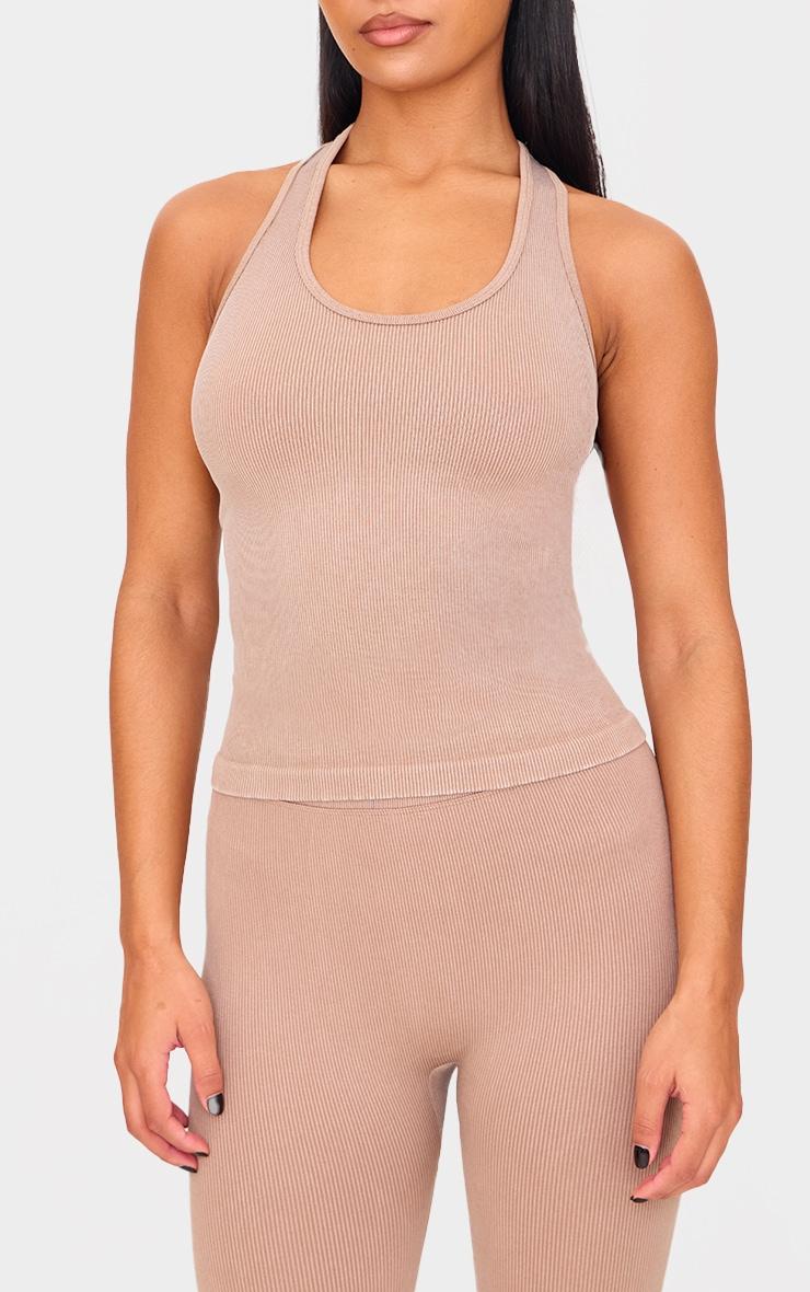 Chocolate Mocha Acid Wash Seamless Rib Halter Neck Gym Top Product Image