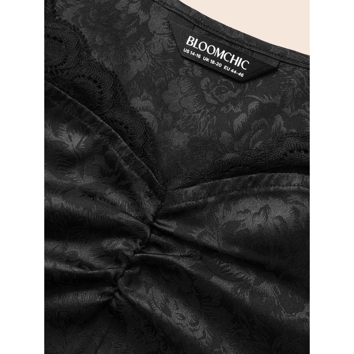 Plus Size Crochet Lace Gathered Cami Top Women Black Elegant Gathered V-neck Everyday Tank Tops Camis BloomChic 26/4X Product Image