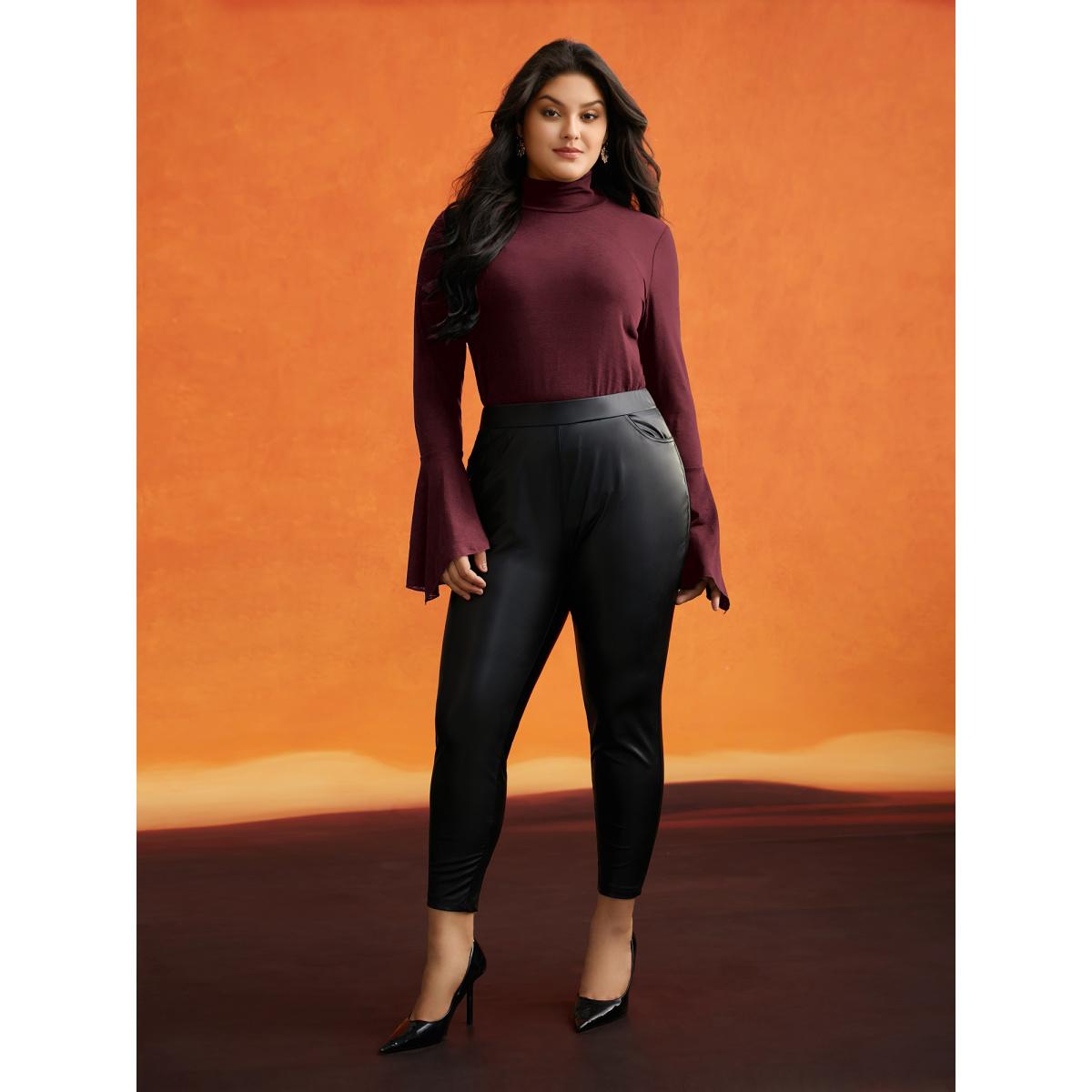 Plus Size Bell Sleeves Turtleneck T-shirt Burgundy Women Elegant Asymmetrical Turtleneck Bodycon Everyday T-shirts BloomChic 26/4X Product Image