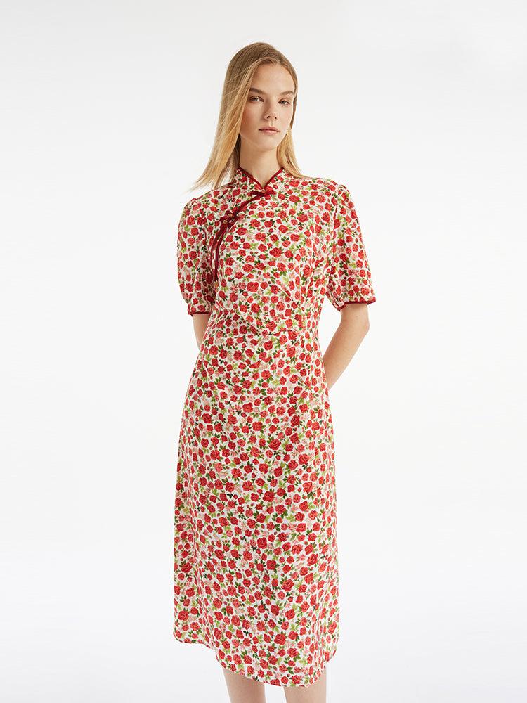 Red Rose Print Cheongsam Women Qipao Midi Dress Product Image