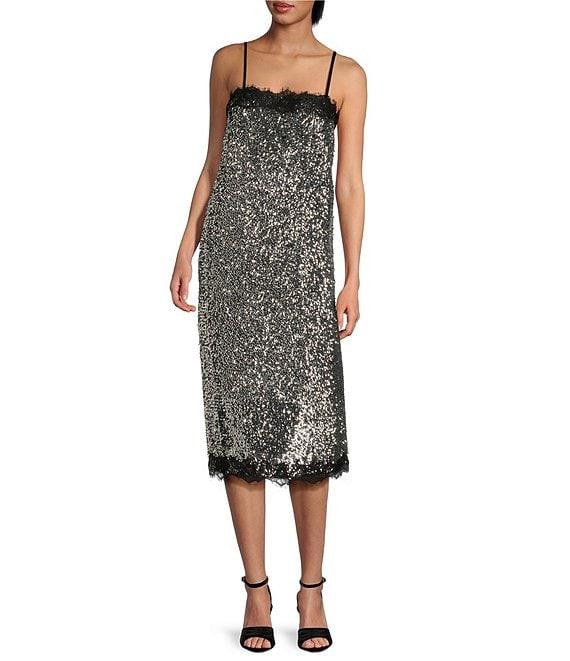 Gianni Bini x Lilly Sisto Allegra Sequin Lace Trim Square Neck Spaghetti Strap Slip Midi Dress Product Image