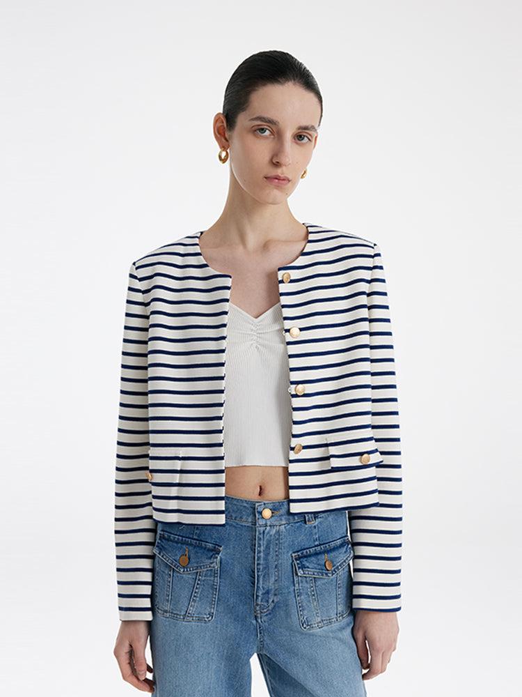 Cotton Striped Single-Breasted Women Crop Jacket Product Image