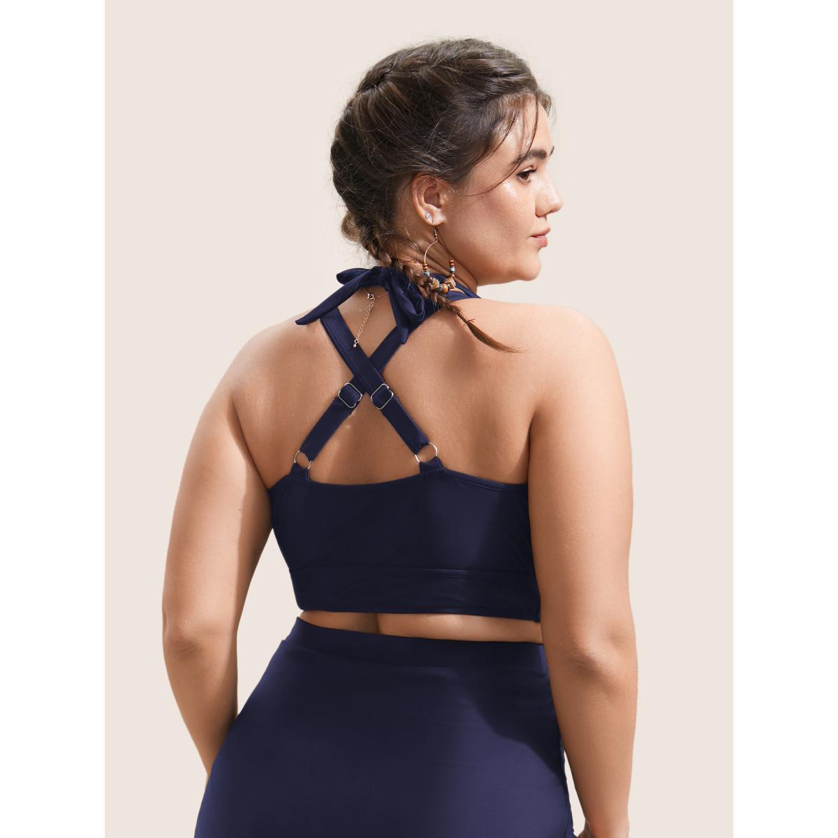 Plus Size Plain V Neck High Stretch Tie Knot Swim Top Women's Swimwear Indigo Resort Tie knot High stretch Skinny Overlap Collar Curve Swim Tops BloomChic 10/M Product Image