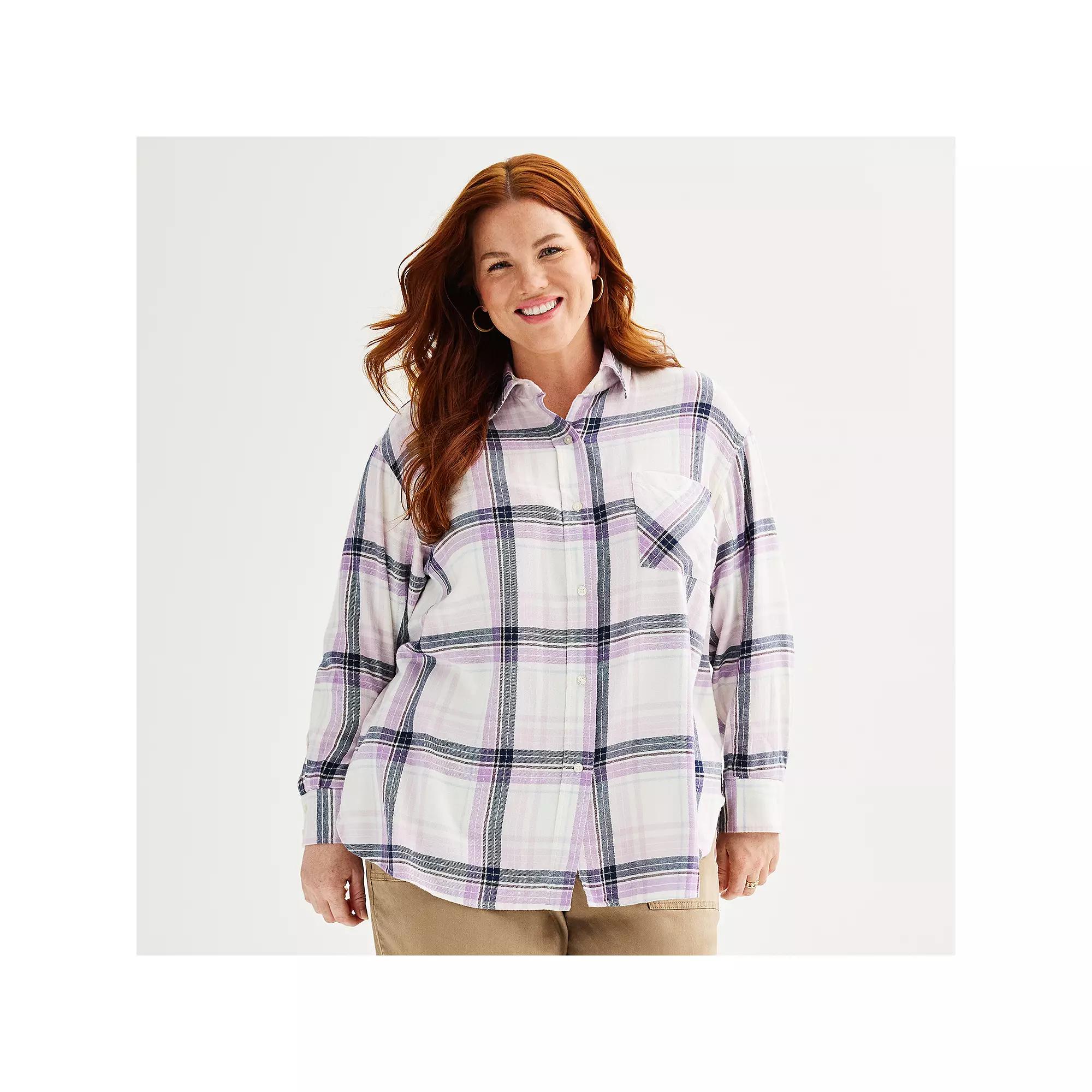 Plus Size Sonoma Goods For Life® Oversized Boyfriend Flannel Shirt, Women's, Size: 1XL, Moss Green Plaid Product Image