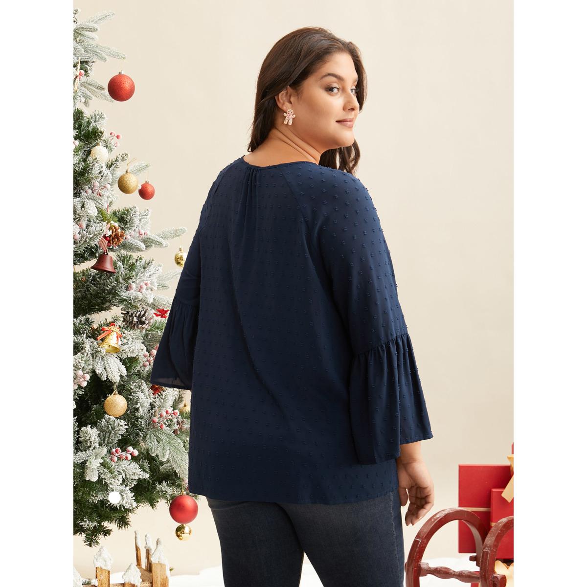 Plus Size Indigo Textured Embroidered Neckline A-Line Blouse Women Casual Three Quarter Length Sleeve V-neck Everyday Blouses BloomChic 28/5X Product Image