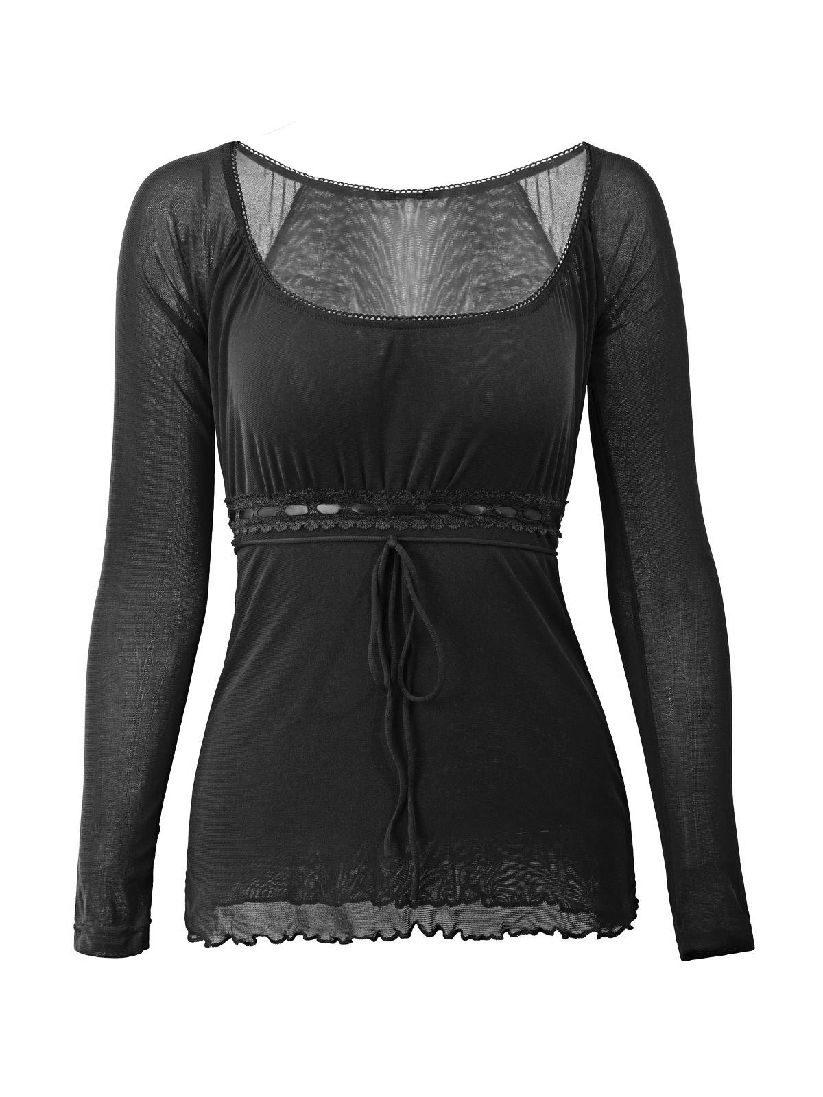 Lace Trim Tie Front Long Sleeve Blouse Product Image