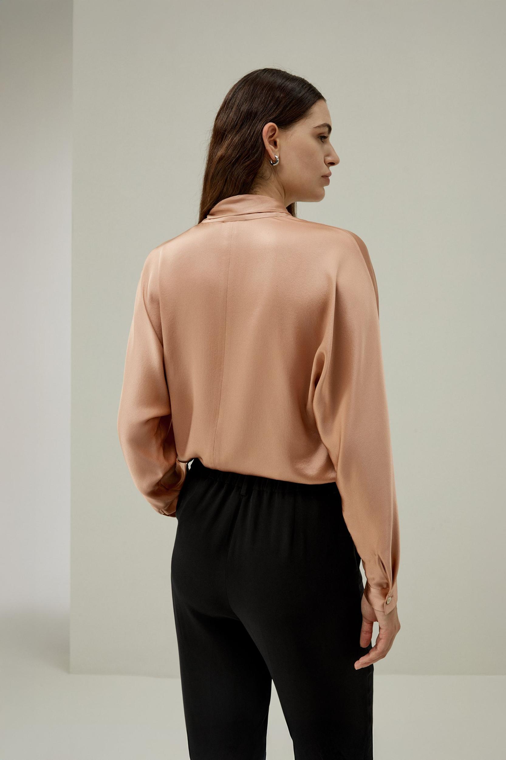 Bat Sleeve Silk Top with Adjustable Neck Tie Product Image