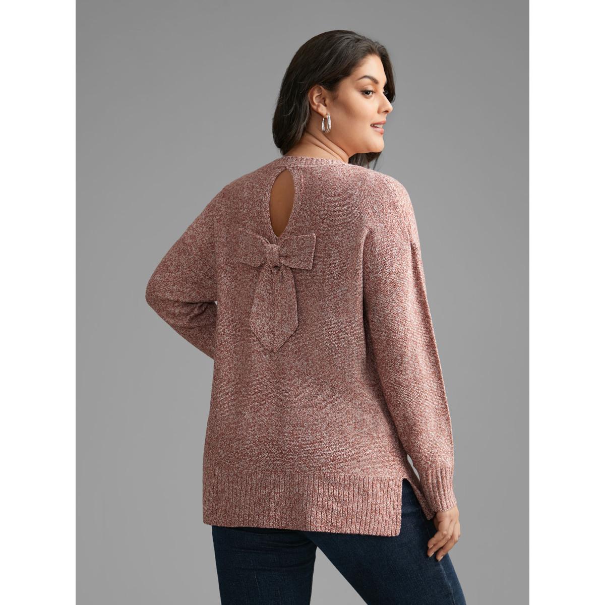 Plus Size Texture Bowknot Cut Out Slit Hem Pullover Crepe Women Leisure Loose Long Sleeve Round Neck Casual Pullovers BloomChic 30/6X Product Image