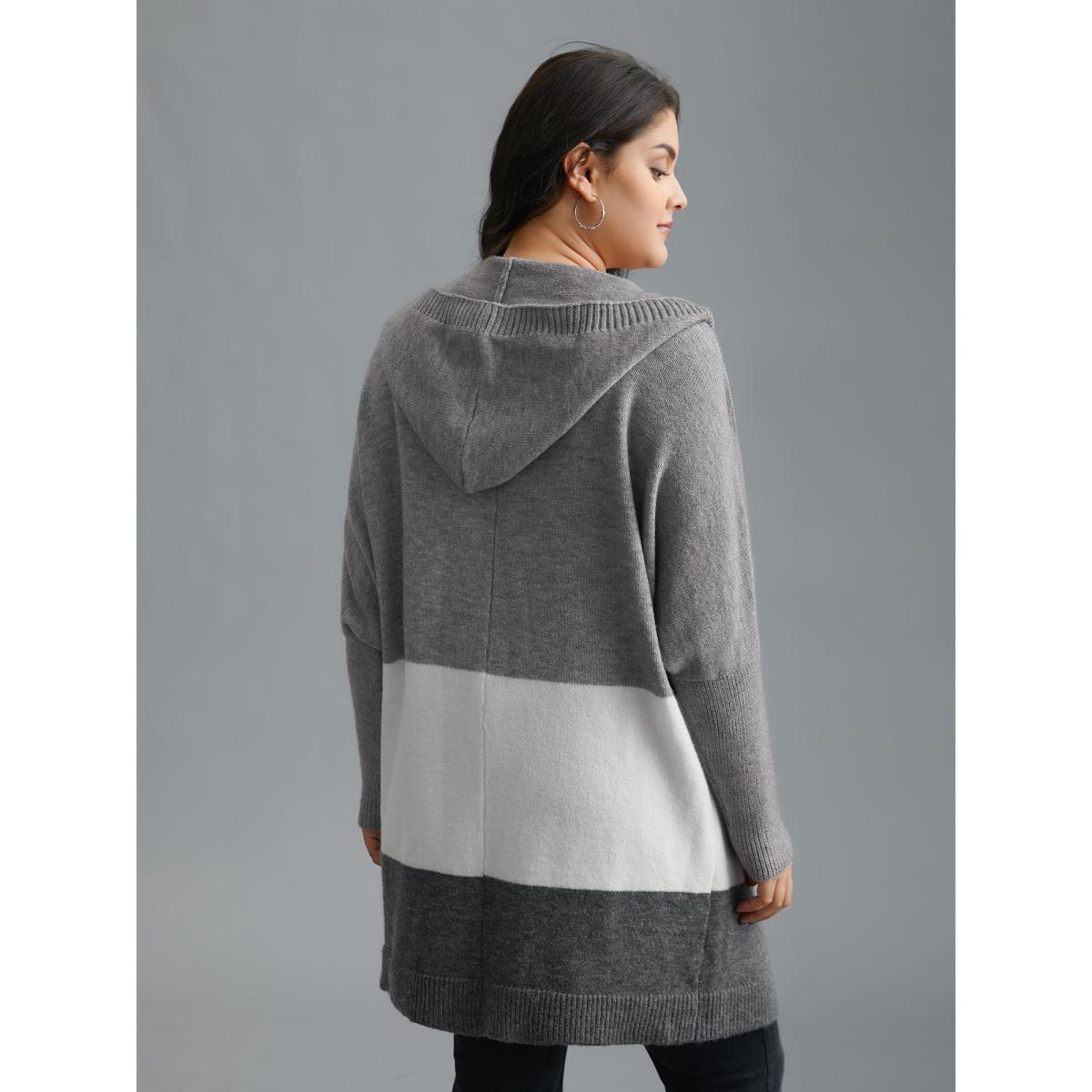Plus Size Color Block Dolman Sleeves Hooded Knit Cardigan Mediumgray Women Casual Loose Long Sleeve Everyday Cardigans BloomChic 30/6X Product Image