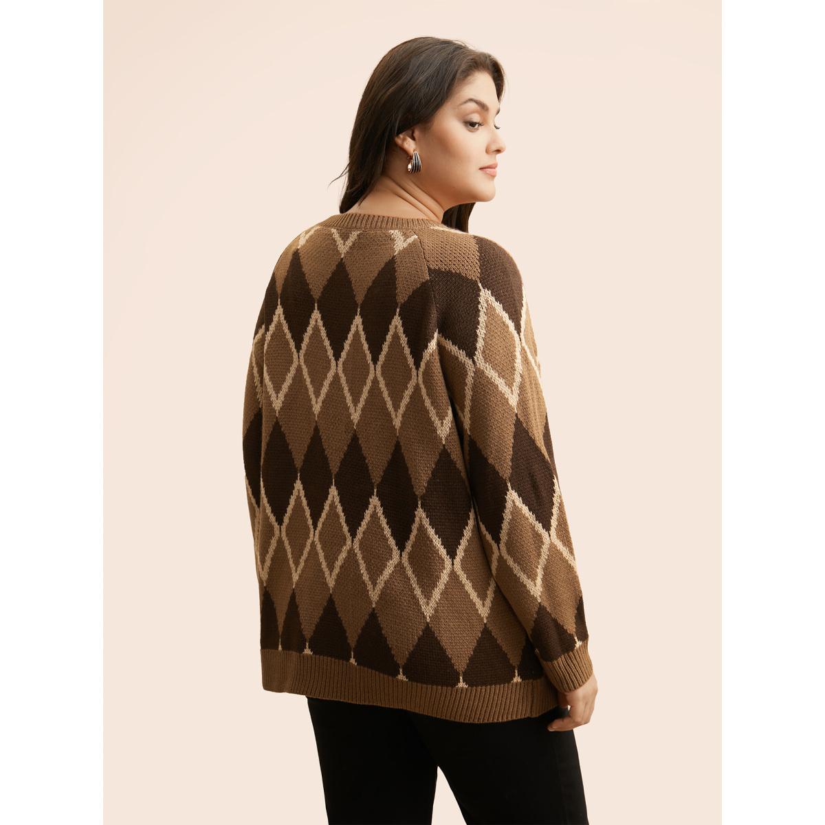Plus Size Plaid Crew Neck Raglan Sleeve Cardigan Browncoffeecolor Women Leisure Loose Long Sleeve Round Neck Casual Pullovers BloomChic 18-20/2X Product Image