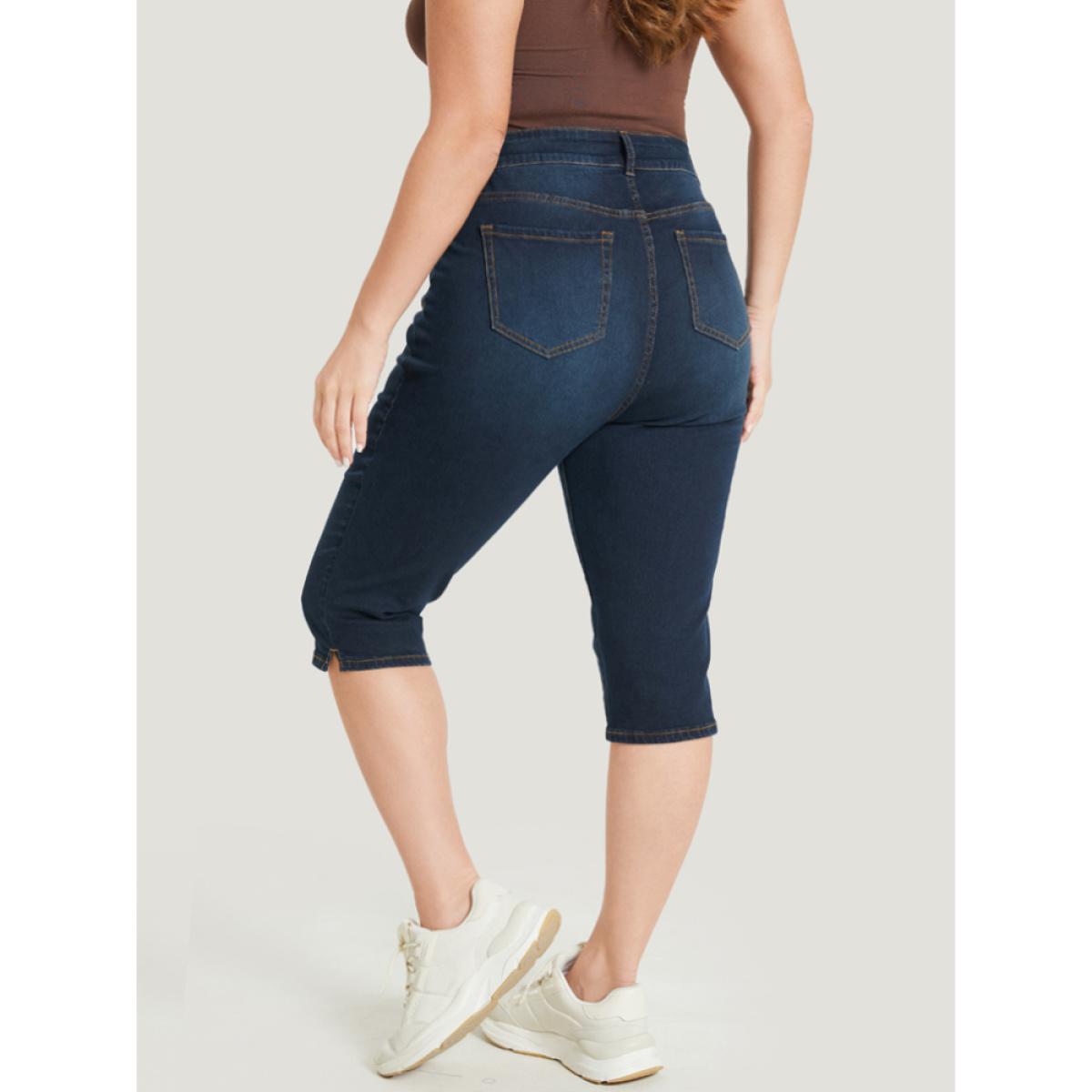 Plus Size Skinny Very Stretchy Dark Wash Split Knee Denim Shorts Women DarkBlue High stretch Dailywear Side seam pocket Casual Denim Shorts BloomChic 18/2X Product Image