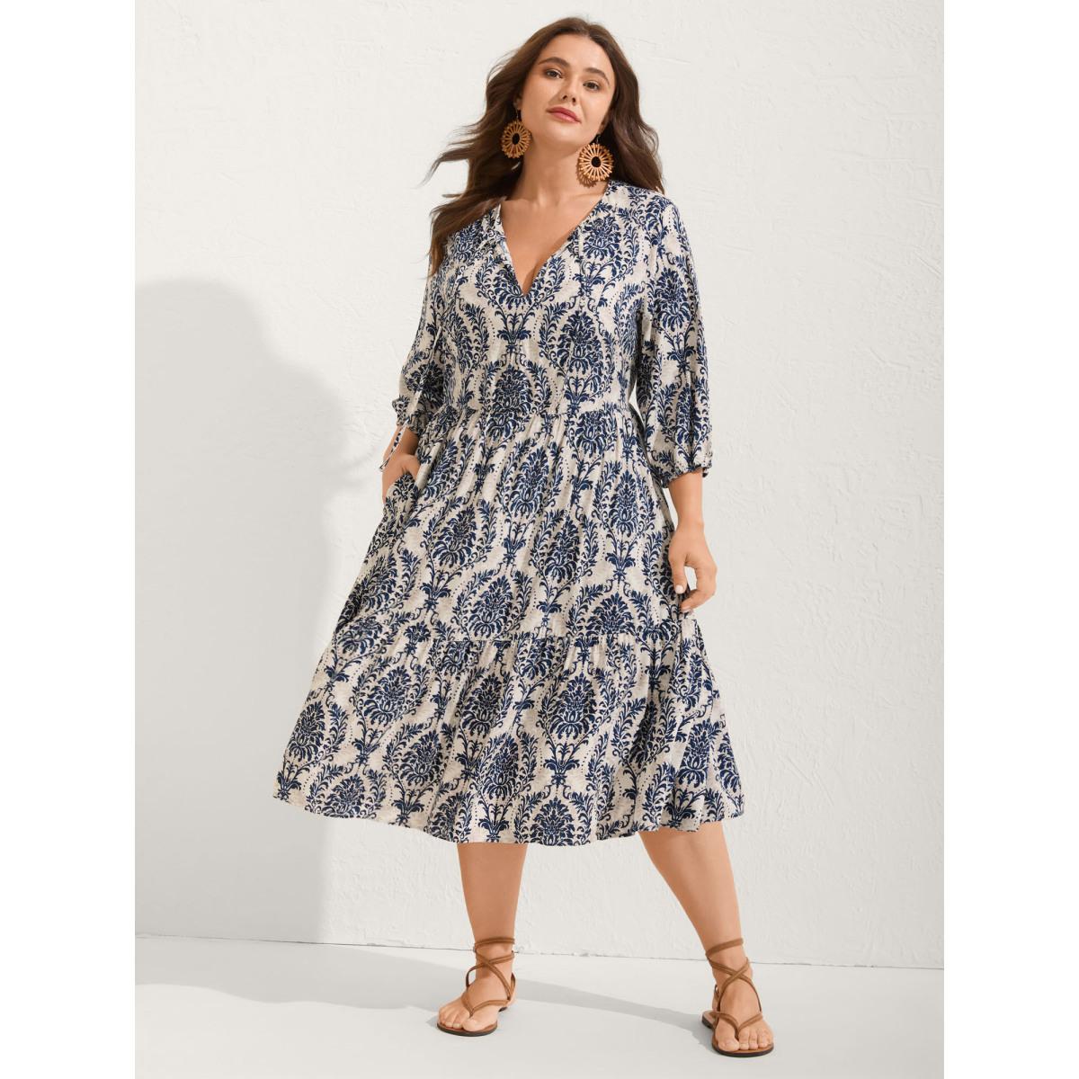 Plus Size Damask Print Tie Knot Puff Sleeve Dress DarkBlue Women Resort Tie knot V-neck Elbow-length sleeve Curvy BloomChic 22-24/3X Product Image