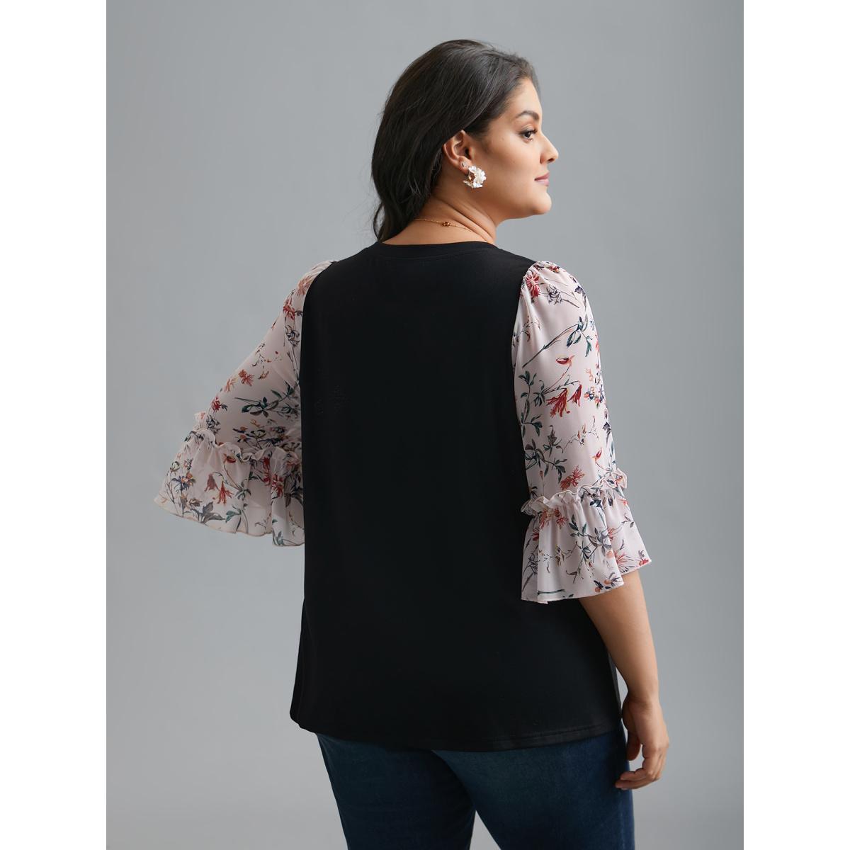 Plus Size Floral Print Patchwork Ruffle Sleeve T-Shirt Black Women Elegant Contrast Round Neck Everyday T-shirts BloomChic 14-16/1X Product Image