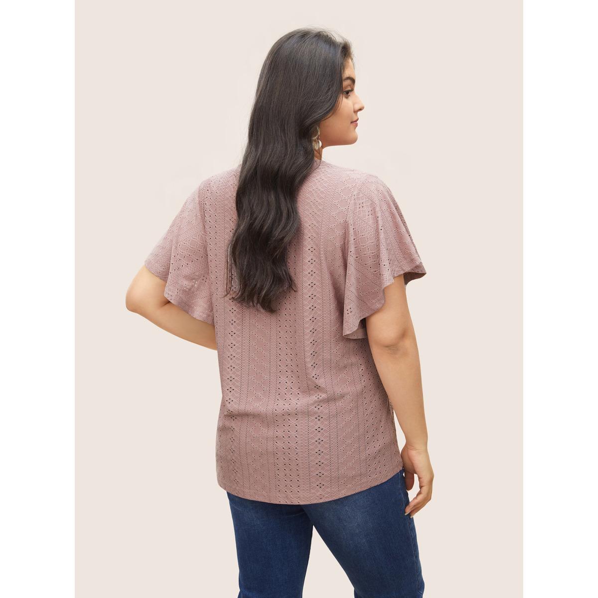 Plus Size Plisse Flat Collar With V Notch Ruffle Sleeve T-shirt DustyPink Women Elegant Flat collar with V-notch Everyday T-shirts BloomChic 26/4X Product Image