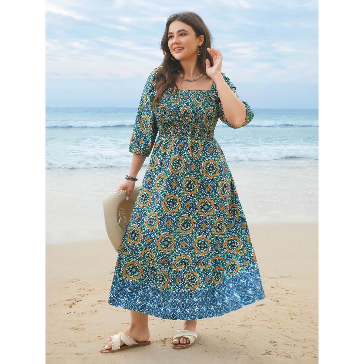 Plus Size Ornate Print Shirred Stretchy Waist Midi Dress Emerald Women Resort Shirred Square Neck Elbow-length sleeve Curvy BloomChic 22-24/3X Product Image