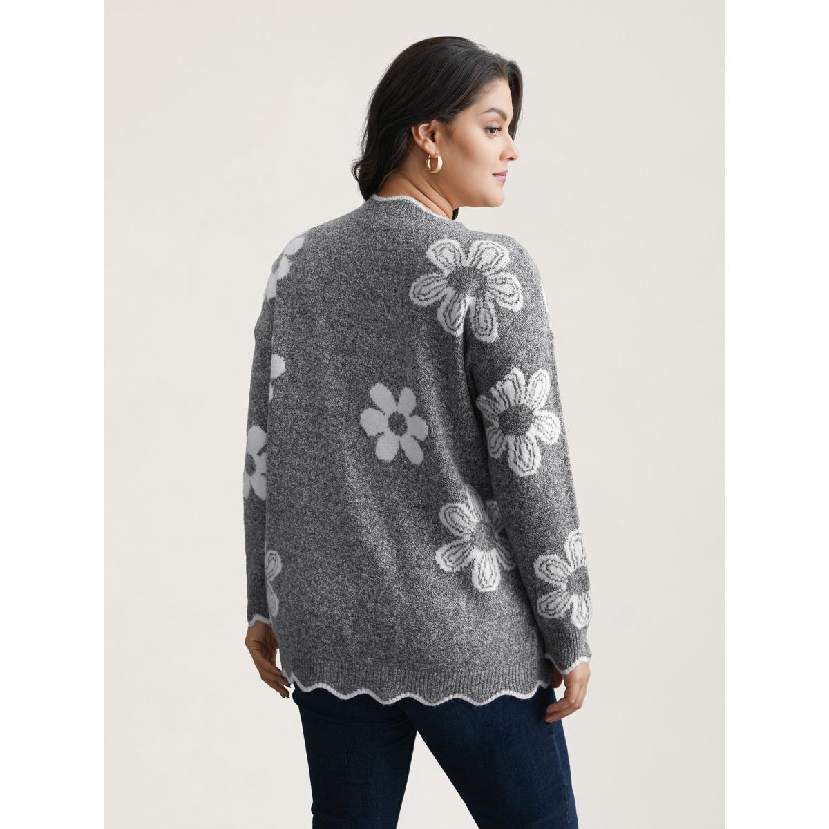 Plus Size Floral Pattern Open-Front Knitted Cardigan DarkGray Women Playful Loose Long Sleeve Casual Cardigans BloomChic 10/M Product Image