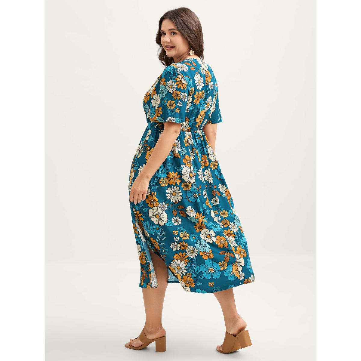 Plus Size Floral Drawstring Bodice Side Slit Midi Dress Navy Women Timeless V-neck Short sleeve Curvy BloomChic 12/L Product Image