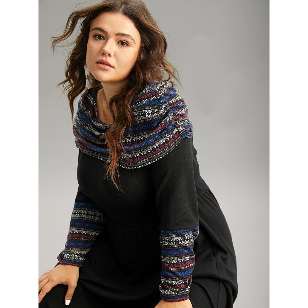 Plus Size Boat Neck Striped Contrast Gathered Dress Black Women Office Gathered Boat Neck Long Sleeve Curvy Midi Dress BloomChic 10/M Product Image