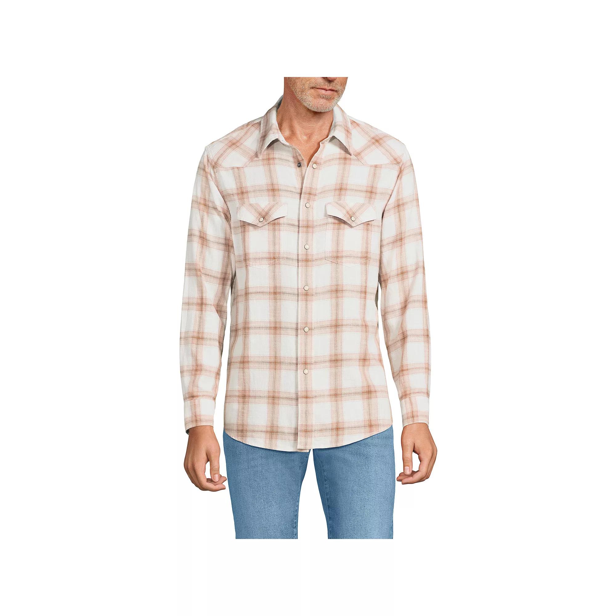 Men's Lands' End Plaid Western-Style Shirt, Size: XL, Ivory Caramel Plaid Product Image