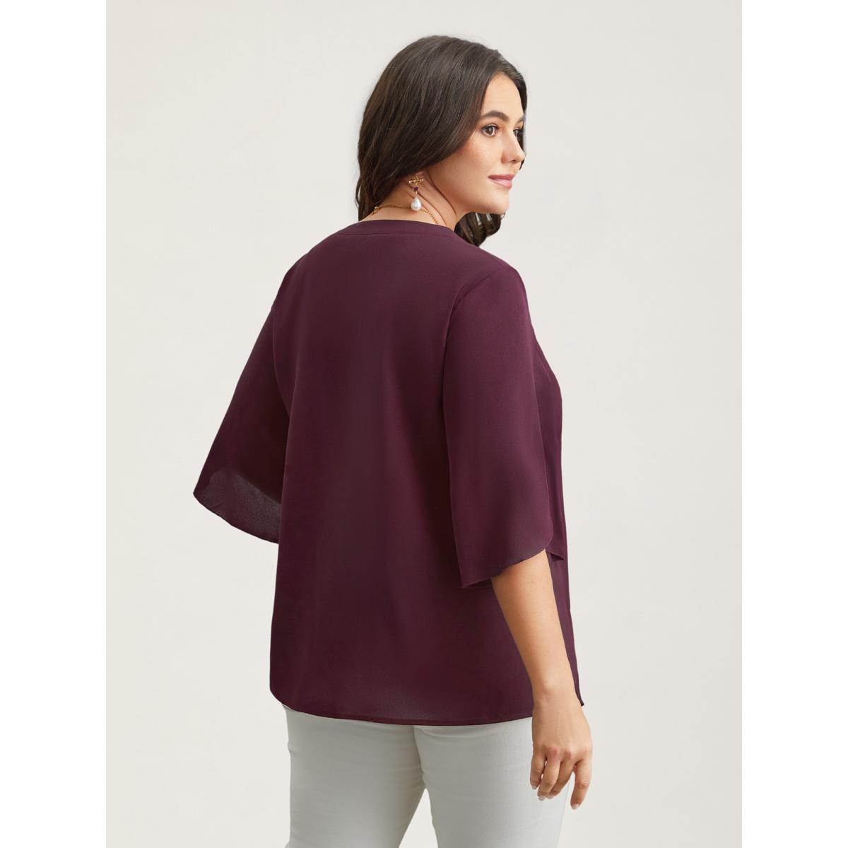 Plus Size Browncoffeecolor Petal Sleeve Toothpick Pleats Shirt Women Office Elbow-length sleeve Notched collar Office Blouses BloomChic 12/L Product Image