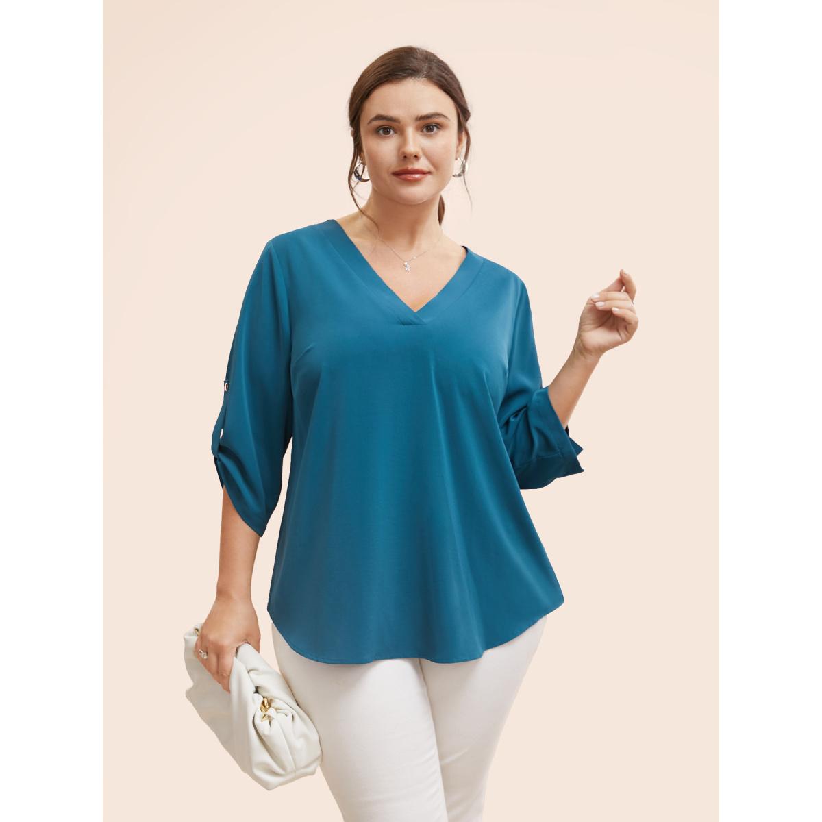 Plus Size Aegean Solid Cuffed Sleeve Gathered Curved Hem Blouse Women Office Elbow-length sleeve V-neck Office Blouses BloomChic 18-20/2X Product Image