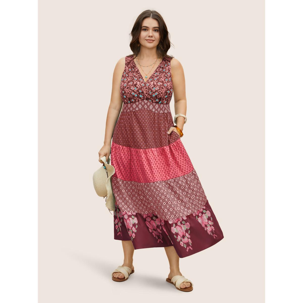 Plus Size Bandana Patchwork Floral Sleeveless Dress RedViolet Women Boho Pleated V-neck Sleeveless Curvy BloomChic 18-20/2X Product Image