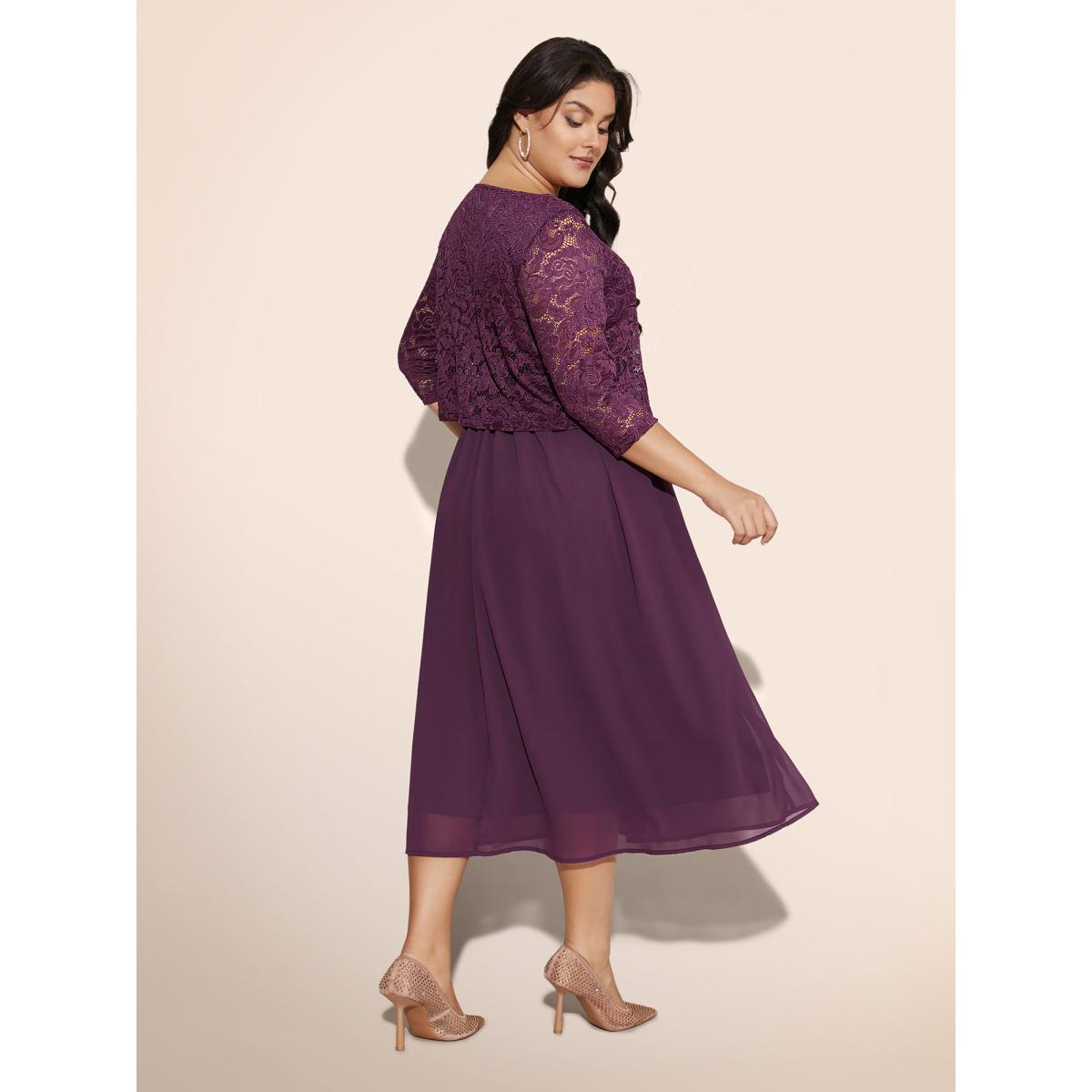 Plus Size Round Neck Crochet Lace Mesh Dress Deeppurplered Women Cocktail Woven ribbon&lace trim Round Neck Elbow-length sleeve Curvy BloomChic 26/4X Product Image