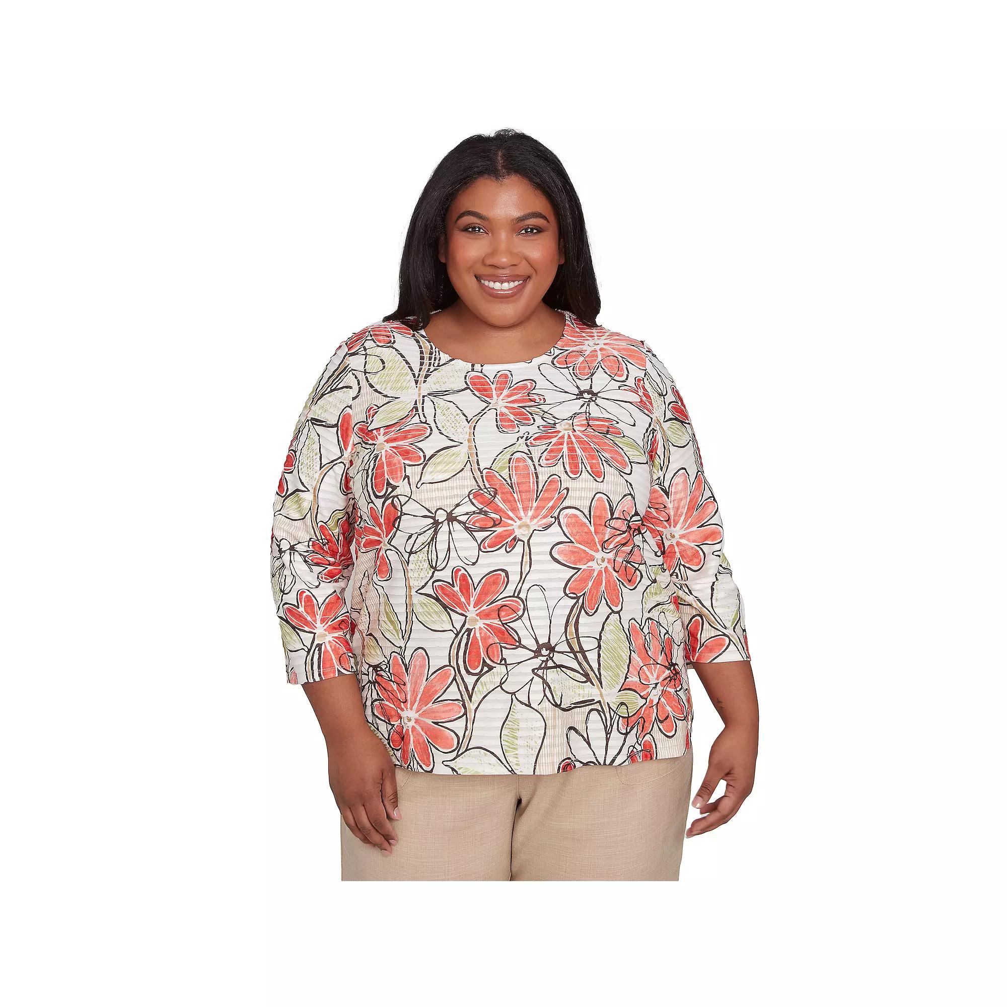 Plus Size Alfred Dunner Bold Island Floral Textured Top, Women's, Size: 2XL, Orange Team Product Image