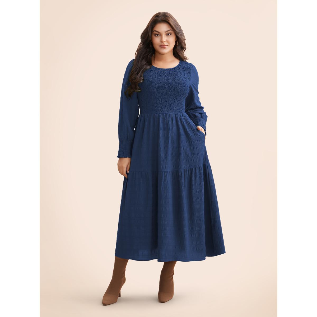 Plus Size Plain Textured Shirred Midi Dress Moss Women Timeless Texture Round Neck Long Sleeve Curvy BloomChic 30/6X Product Image