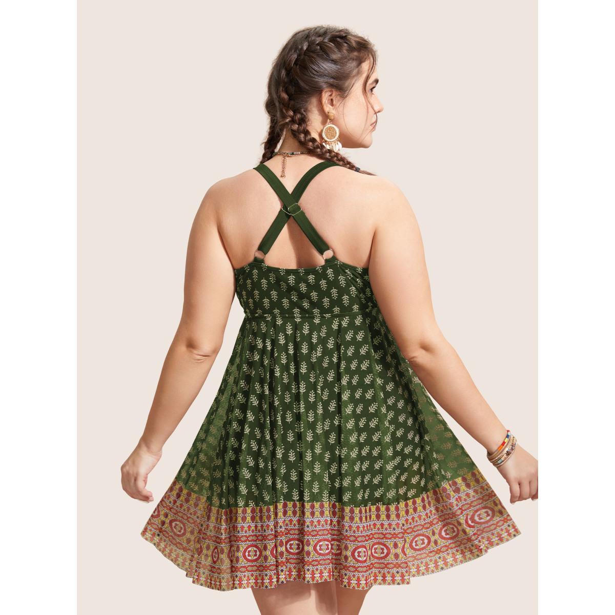 Plus Size Overlap Collar Boho Print Patchwork Swim Dress Women's Swimwear ArmyGreen Beach Bodycon Overlap Collar High stretch Curve Swim Dresses BloomChic 18-20/2X Product Image