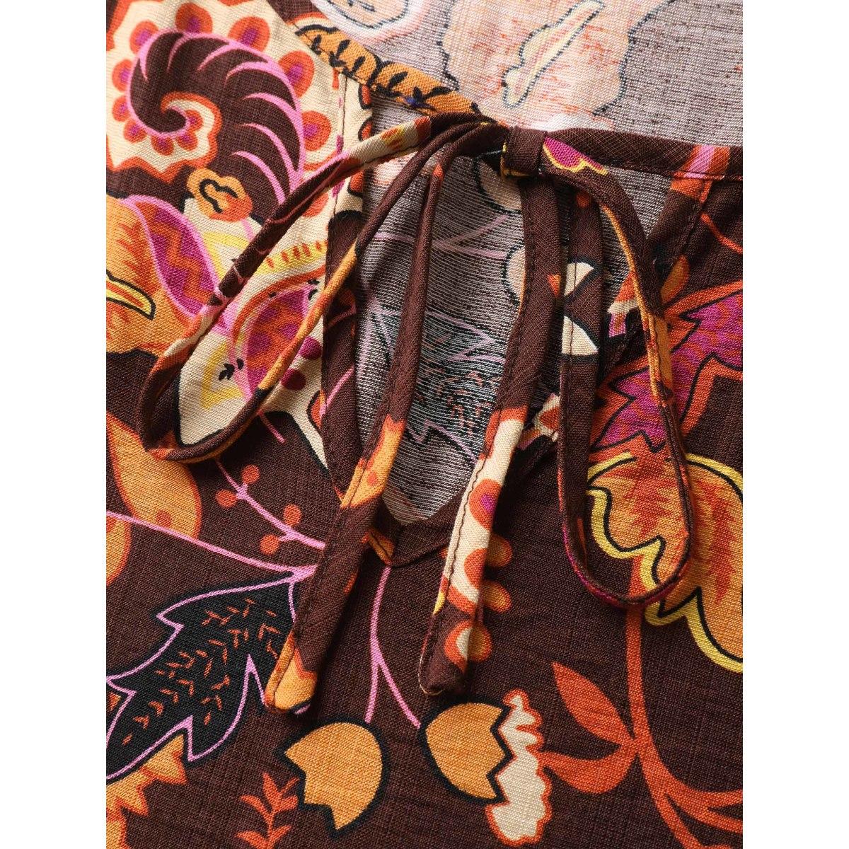 Plus Size Boho Print Stretchy Waist Maxi Dress Browncoffeecolor Women Boho Woven ribbon&lace trim Flat collar with V-notch Elbow-length sleeve Curvy BloomChic 12/L Product Image