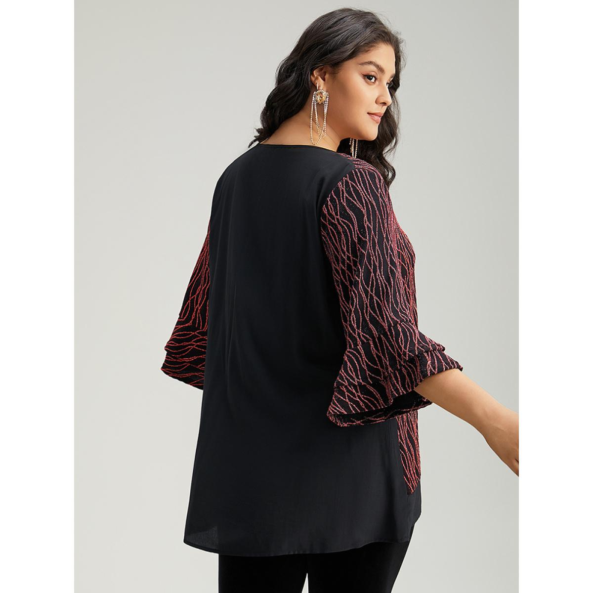 Plus Size Scarlet Lurex Layered Ruffle Sleeve Patchwork Blouse Women Glamour Elbow-length sleeve V-neck Festival-Christmas Blouses BloomChic 22-24/3X Product Image