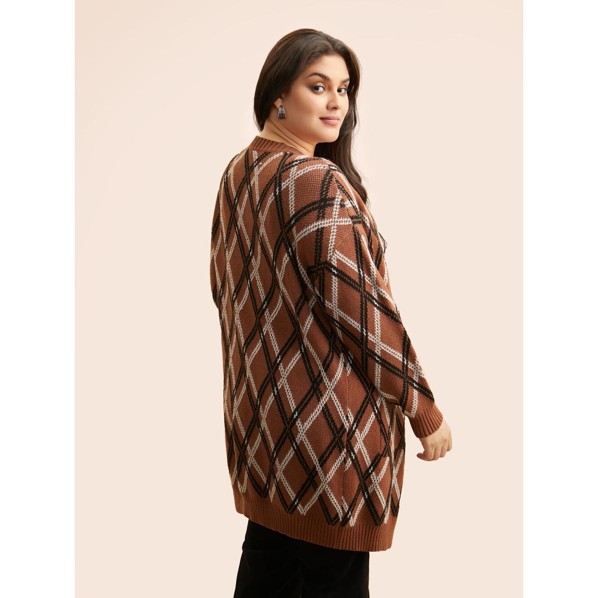Plus Size Plaid Pocket Drop Shoulder Sleeve Cardigan Yellowishbrown Women Leisure Loose Long Sleeve Casual Cardigans BloomChic 14-16/1X Product Image
