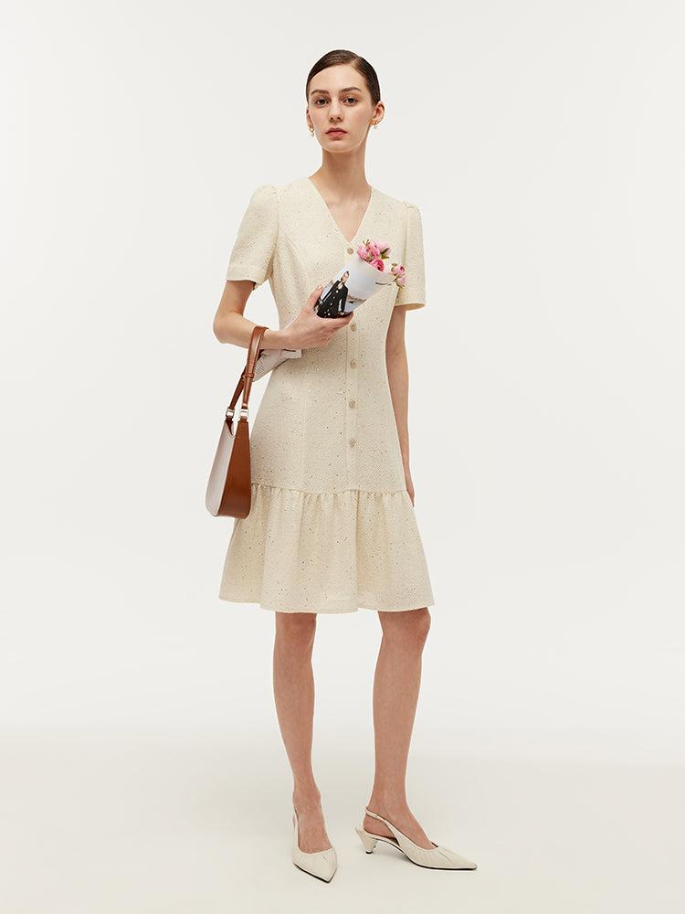 Tweed Sequins V-Neck Ruffle Hem Women Mini Dress Product Image