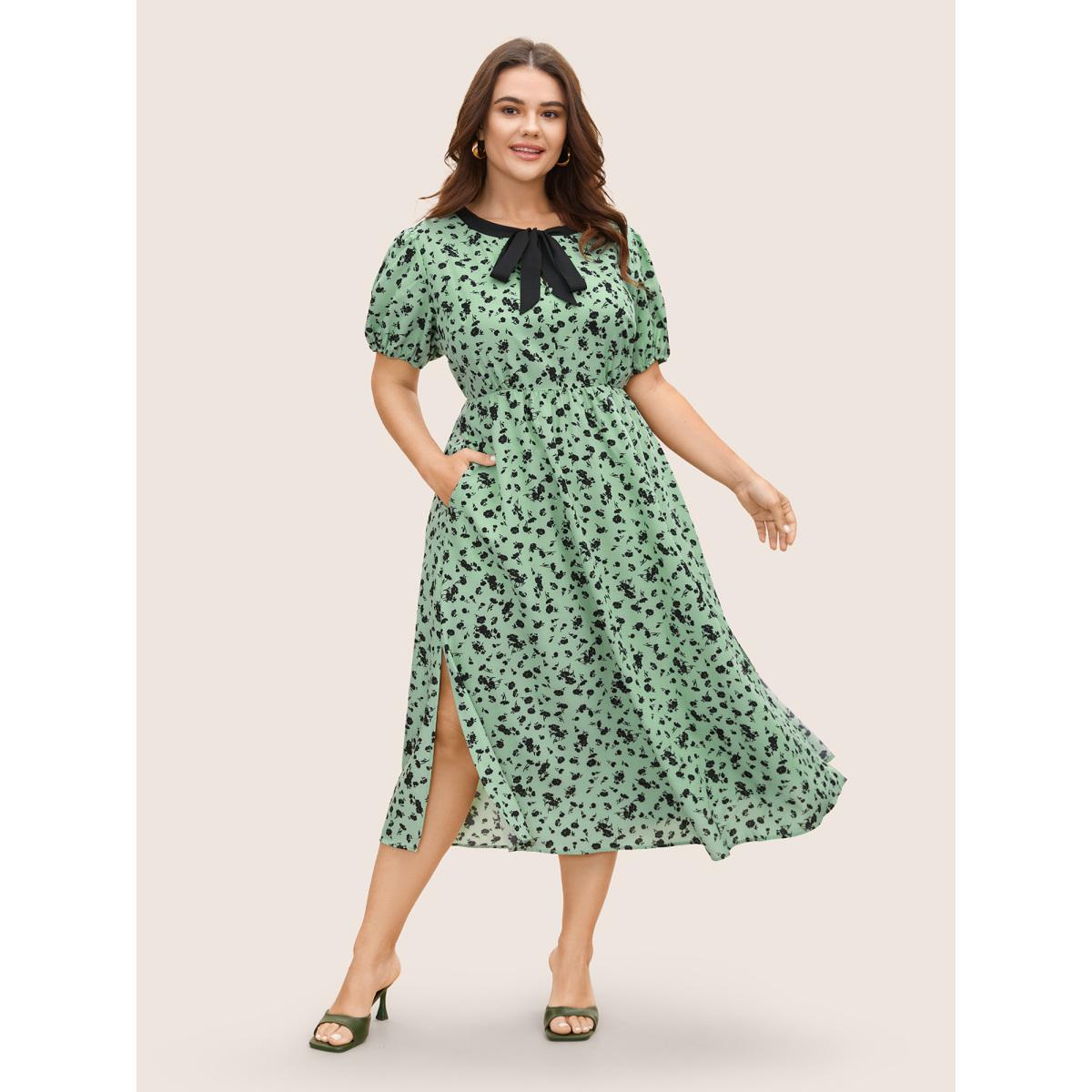 Plus Size Floral A-line Midi Dress Palemauve Women Elegant Tie knot Round Neck Short sleeve Curvy BloomChic 22-24/3X Product Image