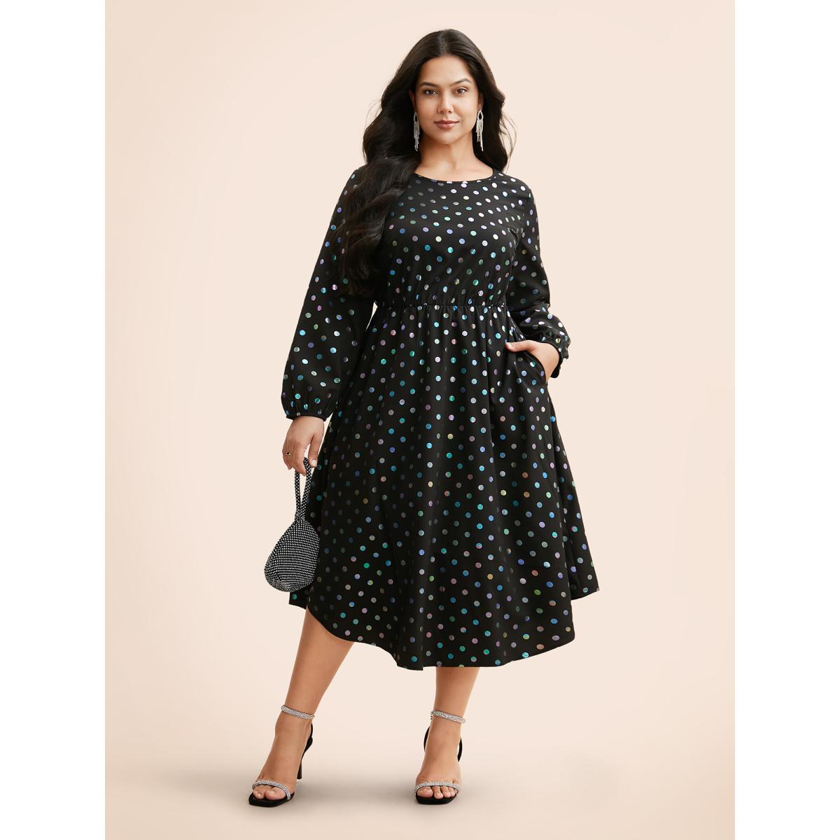 Plus Size Glitter Polka Dot Lantern Sleeve Dress Black Women Cocktail Texture Party Curvy Bloomchic 12/L Product Image
