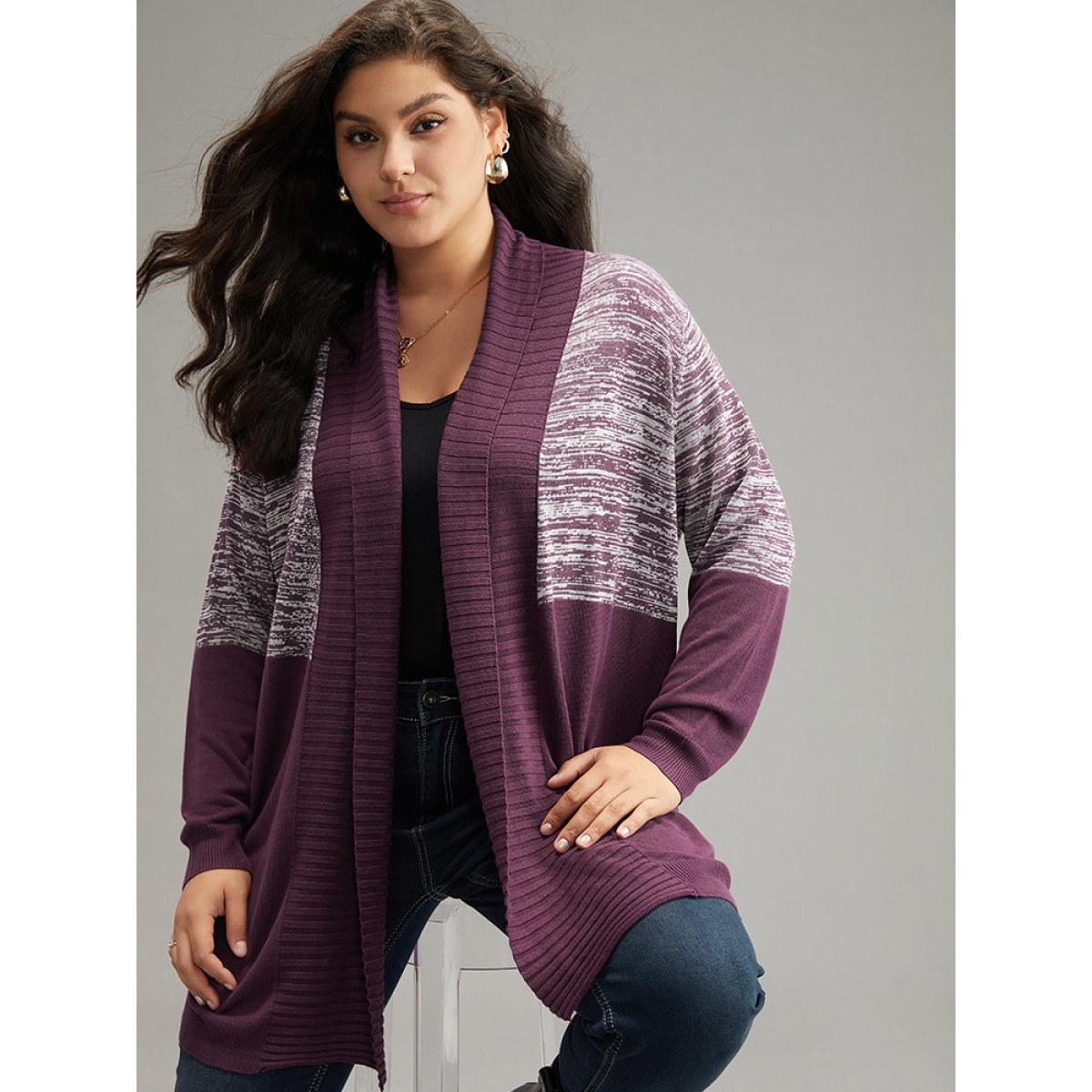 Plus Size Supersoft Essentials Patchwork Lapel Collar Cardigan Eggplant Women Casual Loose Long Sleeve Dailywear Cardigans BloomChic 26/4X Product Image