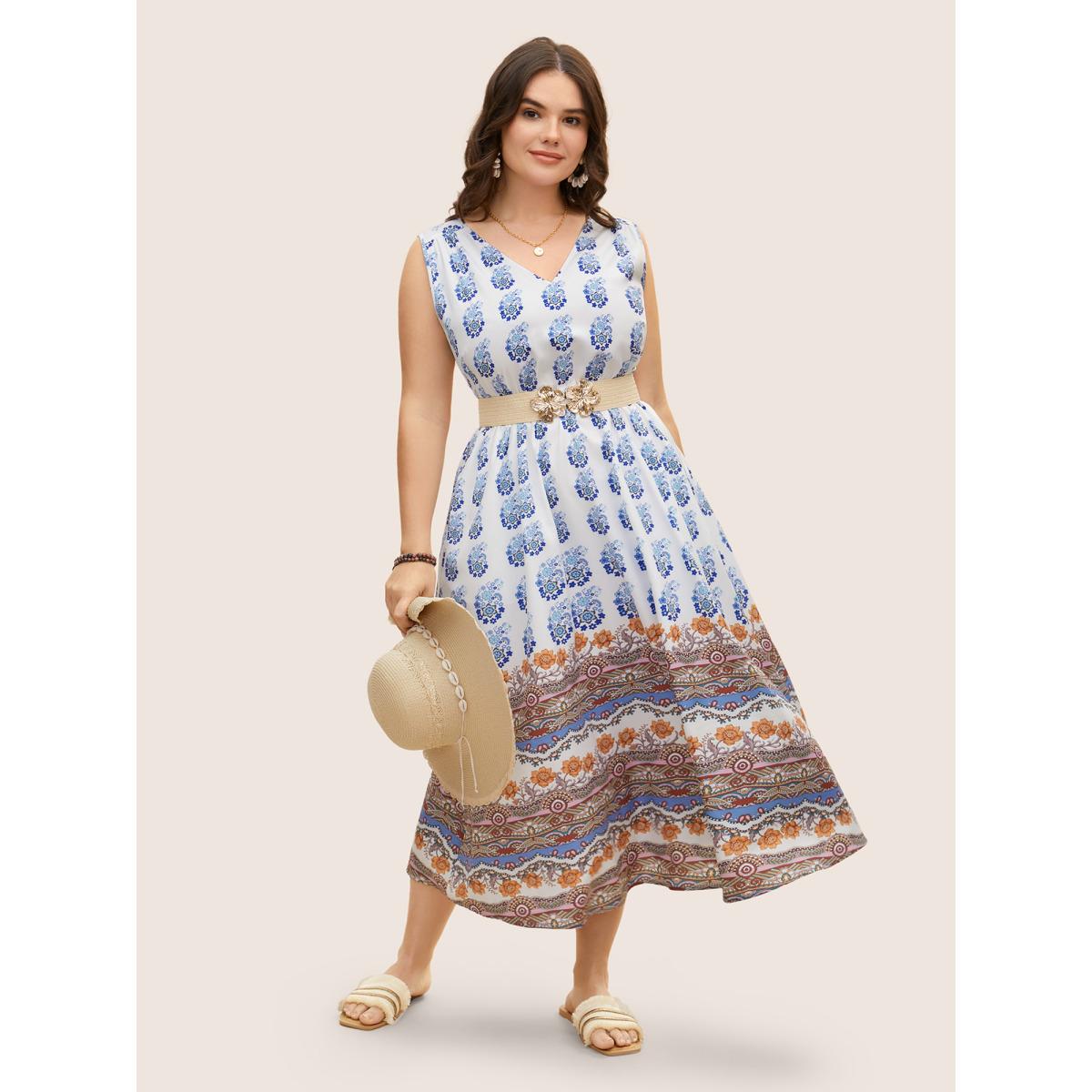 Plus Size Bandana Print Elastic Waist Gathered Sleeveless Dress Originalwhite Women Resort V-neck Sleeveless Curvy BloomChic 14-16/1X Product Image