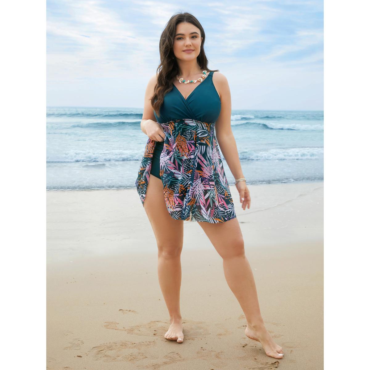 Plus Size Tropical Leaf Print Mesh Flowy Swim Dress Women's Swimwear Cyan Beach Bodycon Overlap Collar High stretch Curve Swim Dresses BloomChic 22-24/3X Product Image