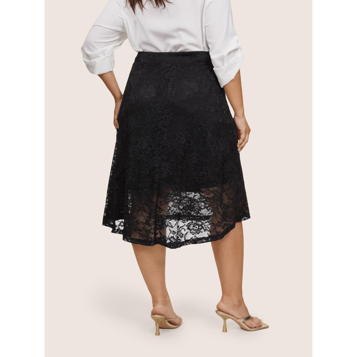Plus Size Guipure Lace Elastic Waist Asymmetrical Ruffles Skirt Women Black At the Office Lined No stretch Office Skirts BloomChic 22-24/3X Product Image