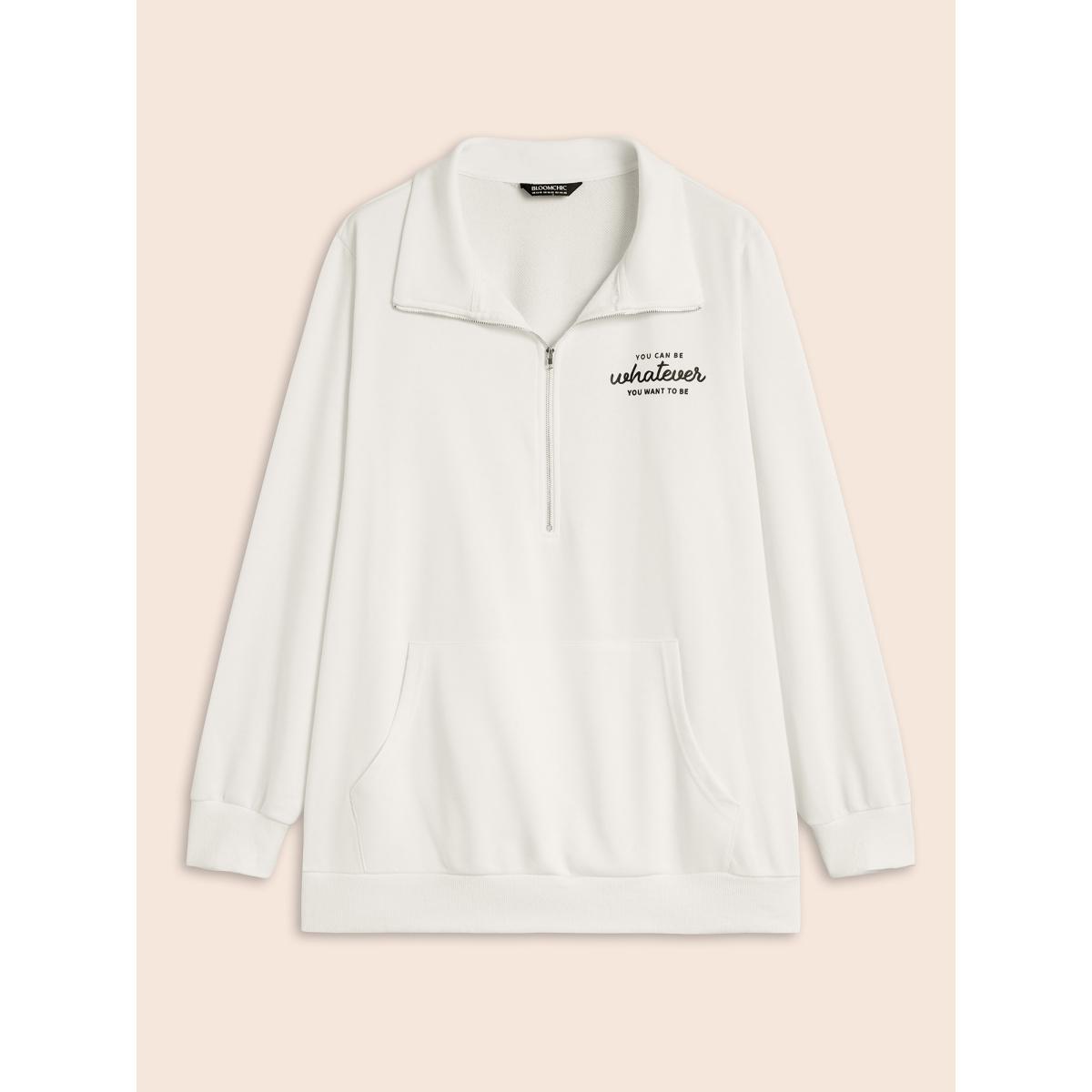 Plus Size Letter Print Half Zip Kangaroo Pocket Sweatshirt Women Originalwhite Elegant Patchwork Polo Everyday Sweatshirts BloomChic 18-20/2X Product Image