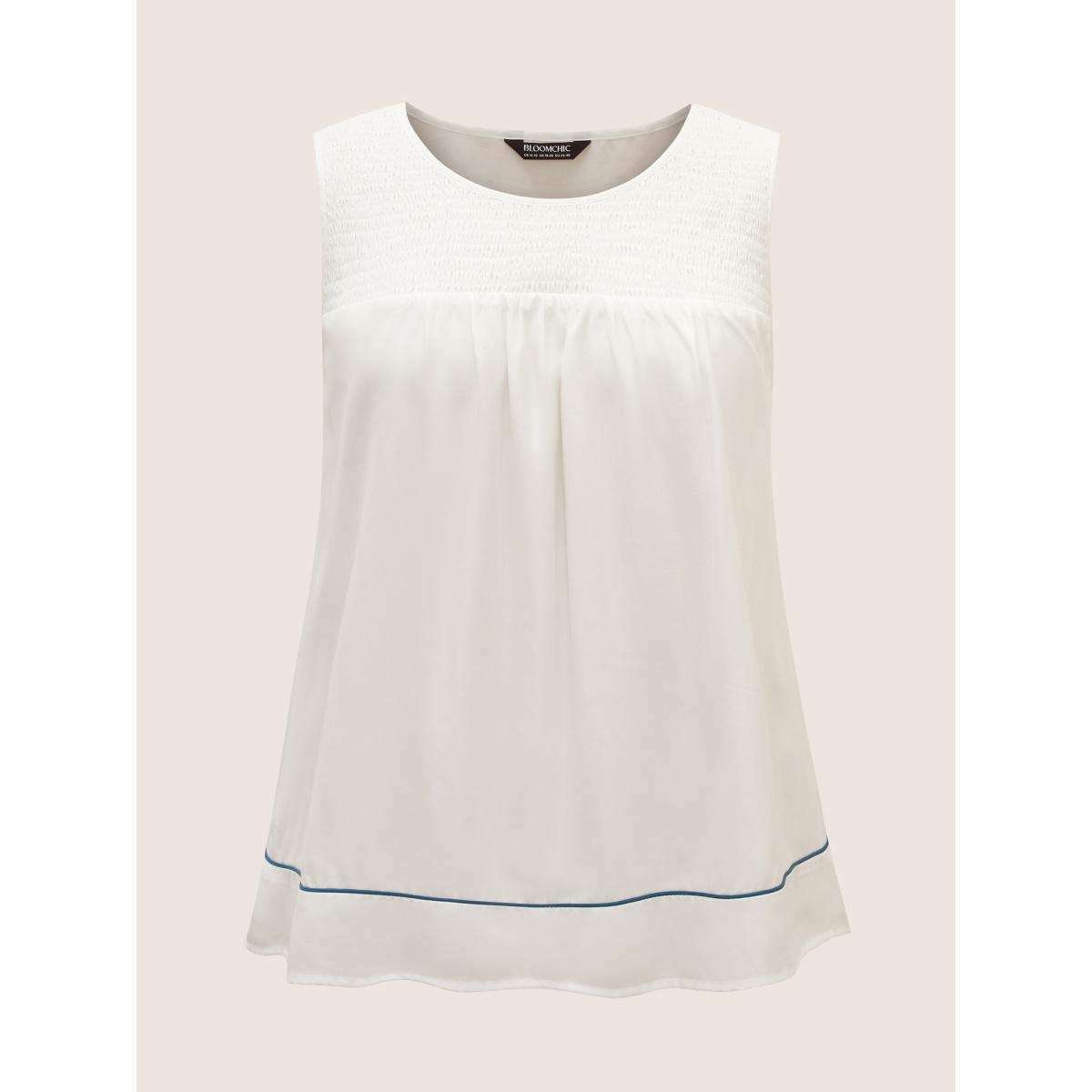 Plus Size Contrast Trim Shirred Gathered Tank Top Women Originalwhite Casual Gathered Round Neck Everyday Tank Tops Camis BloomChic 10/M Product Image