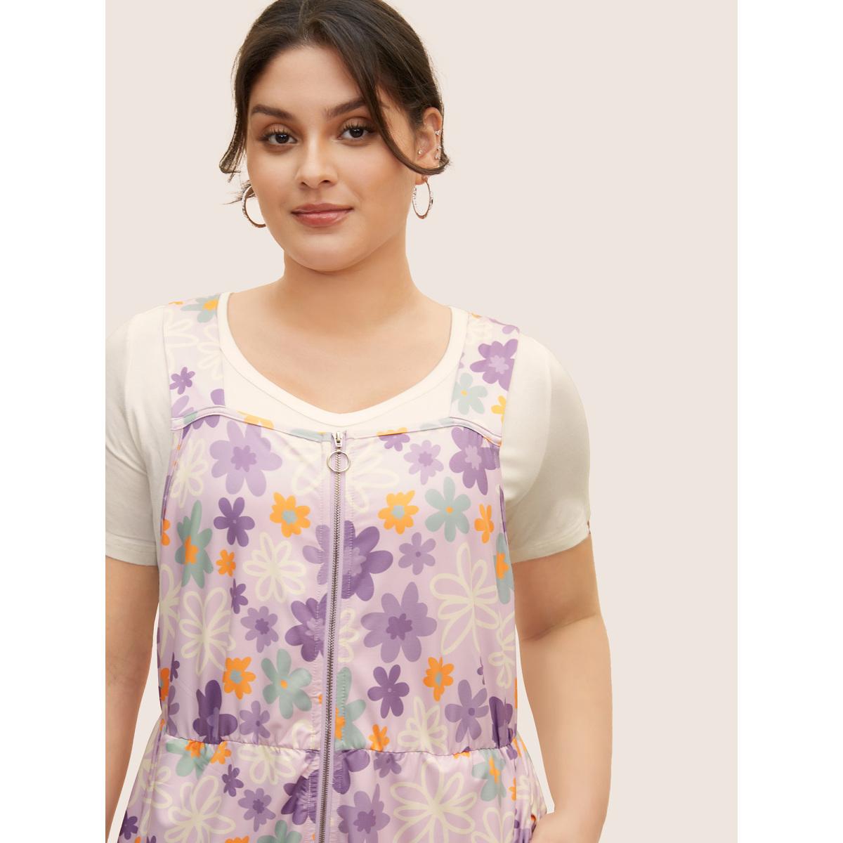 Plus Size Contrast Floral Zipper Sleeveless Midi Dress Lilac Women Casual Non Non Sleeveless Curvy BloomChic 18-20/2X Product Image