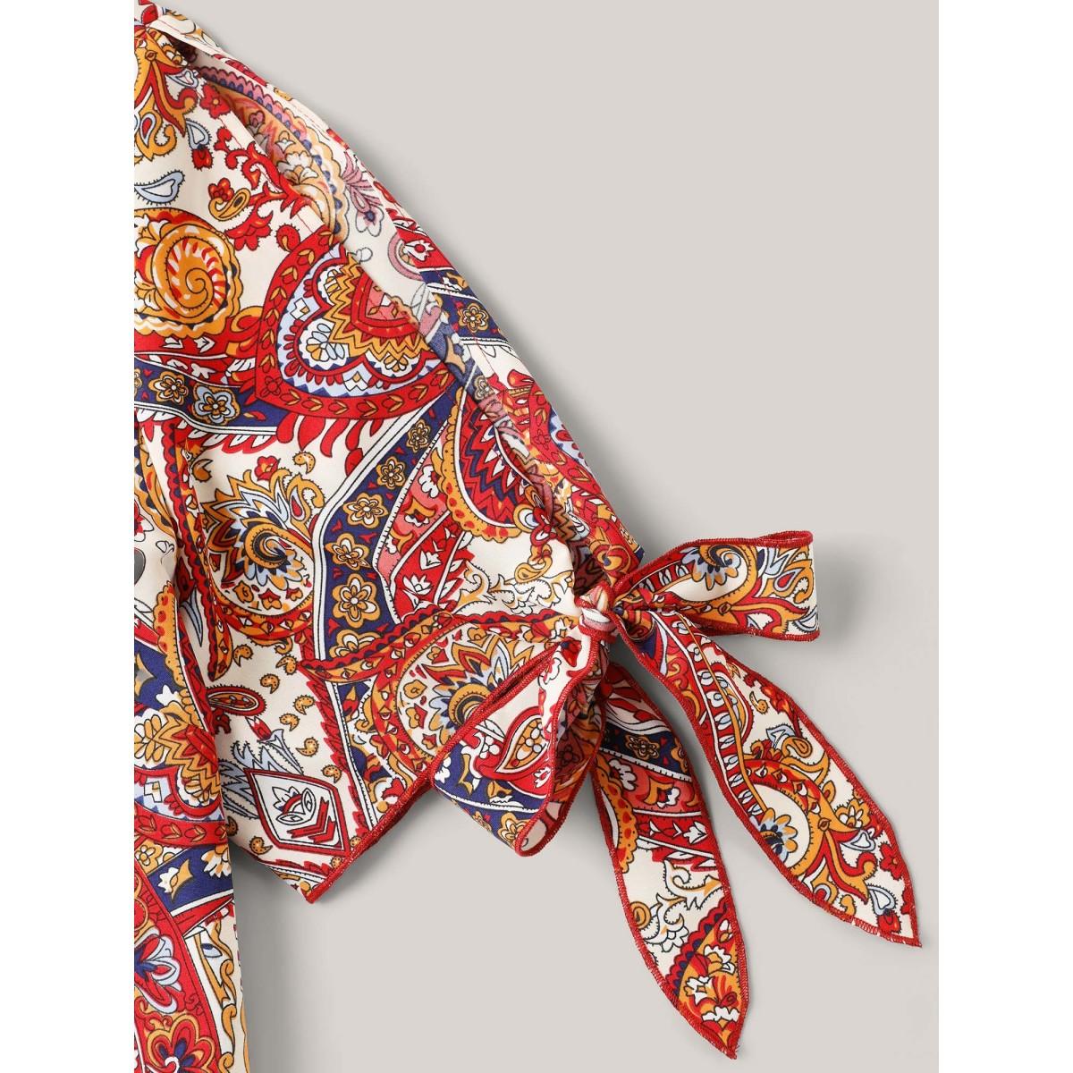 Plus Size Multicolor Paisley Print Round Neck Tied Shirt Women Boho Short sleeve Round Neck Vacation Blouses BloomChic 30/6X Product Image