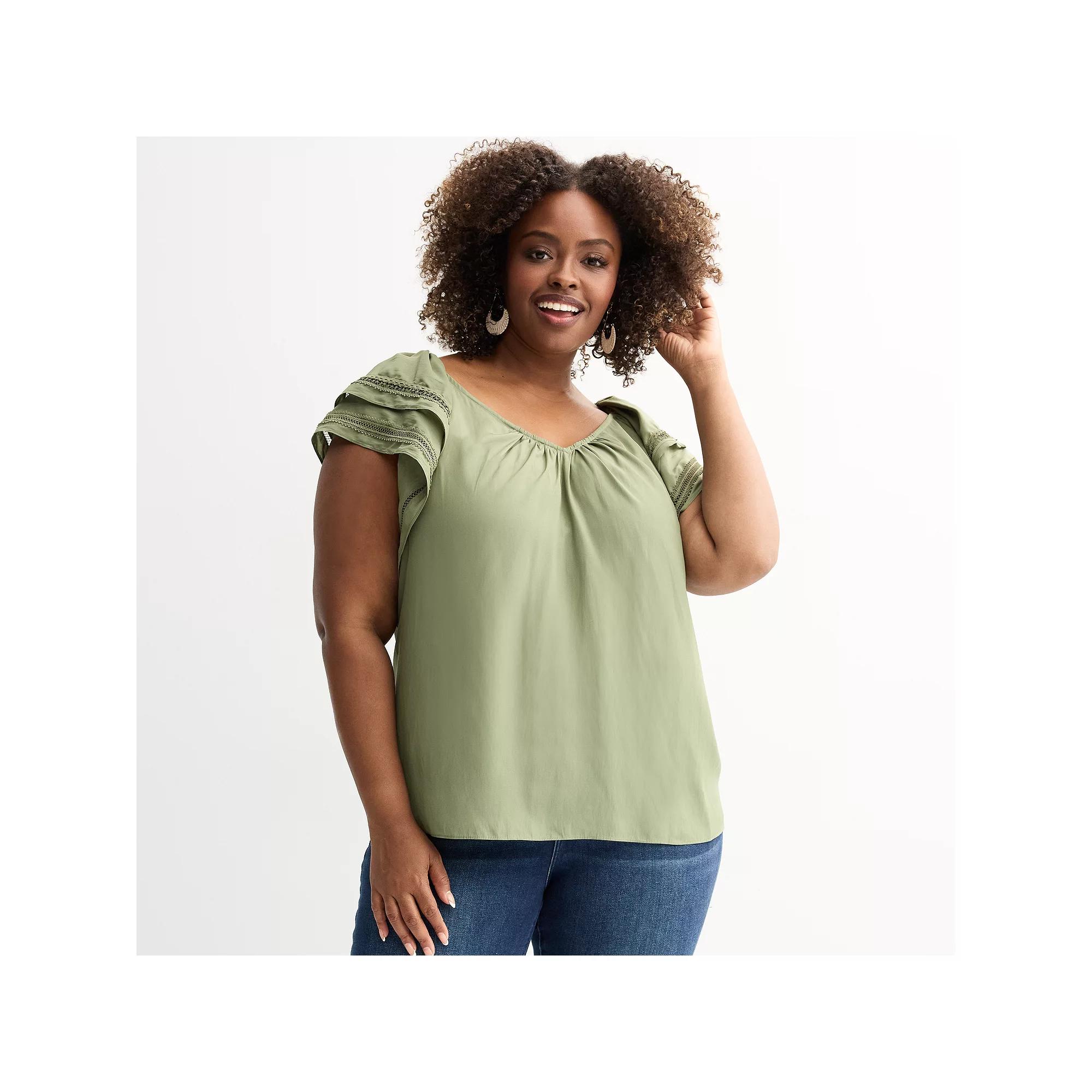 Plus Size Chelsea & Theodore Ruffle Sleeve Blouse, Women's, Size: 1XL, Olive Green Product Image