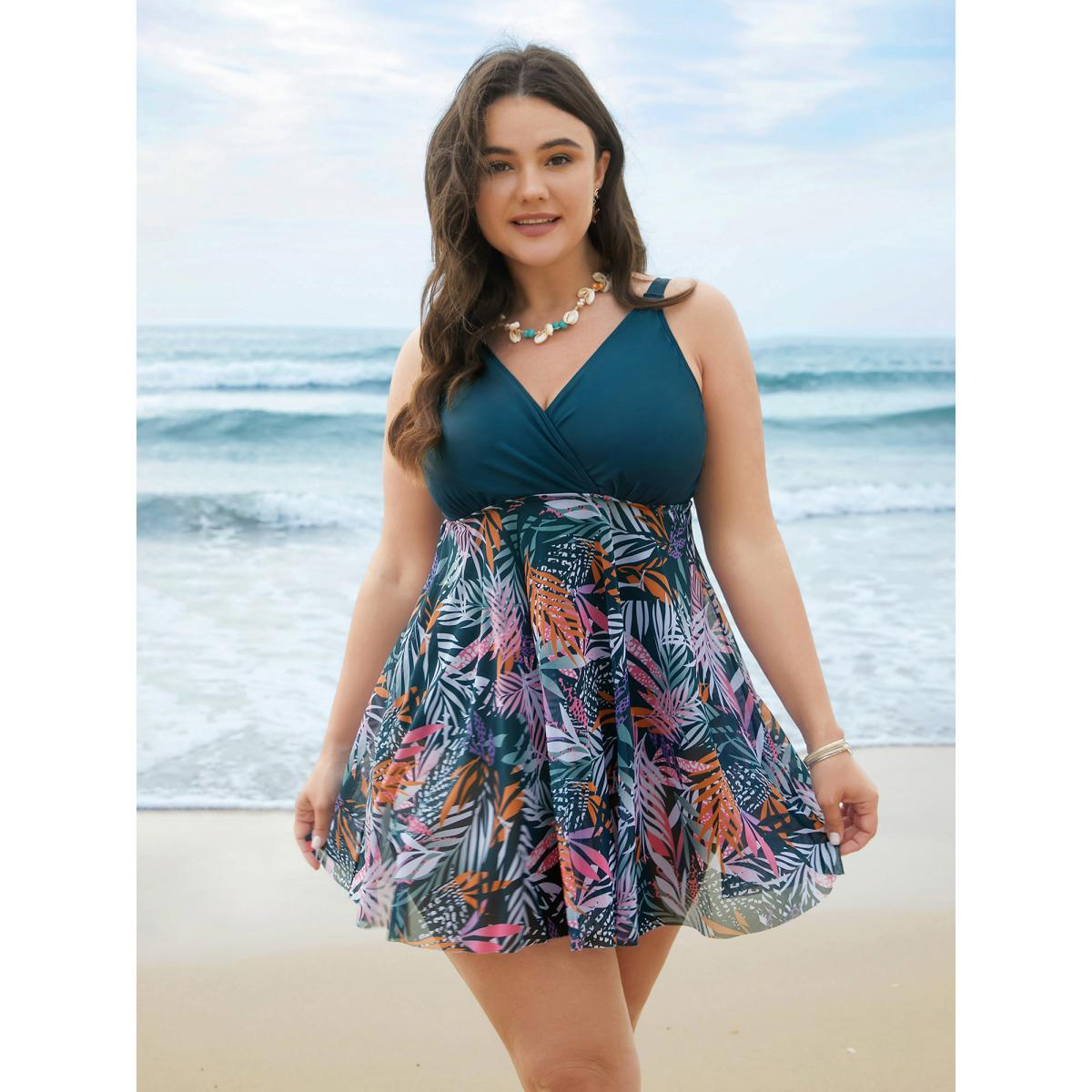 Plus Size Tropical Leaf Print Mesh Flowy Swim Dress Women's Swimwear Cyan Beach Bodycon Overlap Collar High stretch Curve Swim Dresses BloomChic 22-24/3X Product Image